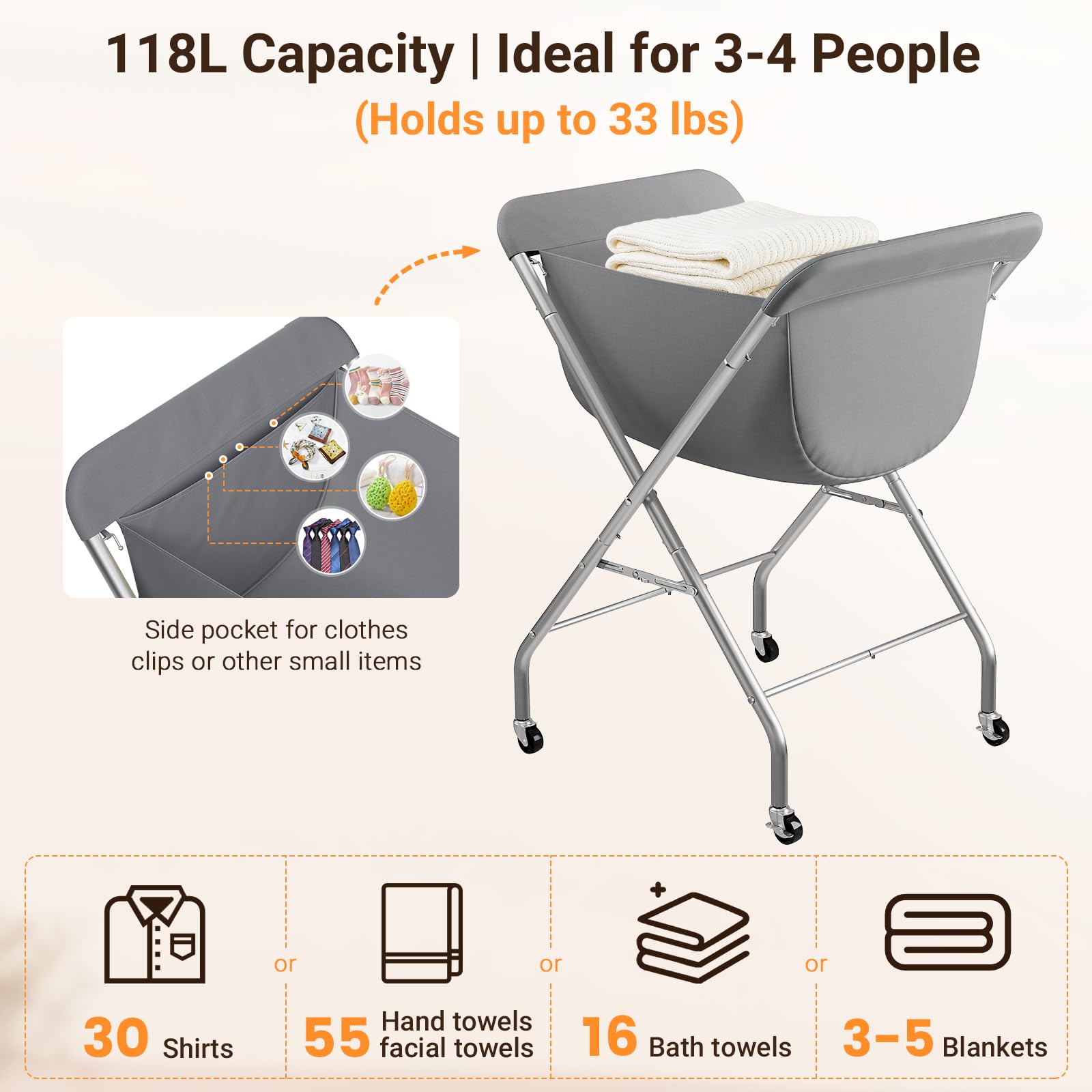 ELYKEN Carrito de lavandería con ruedas, cesta de lavandería fácil de enrollar de 33 pulgadas de alto con bolsa de forro extraíble, cesta de ropa con marco de metal resistente con 4 ruedas y 2 frenos