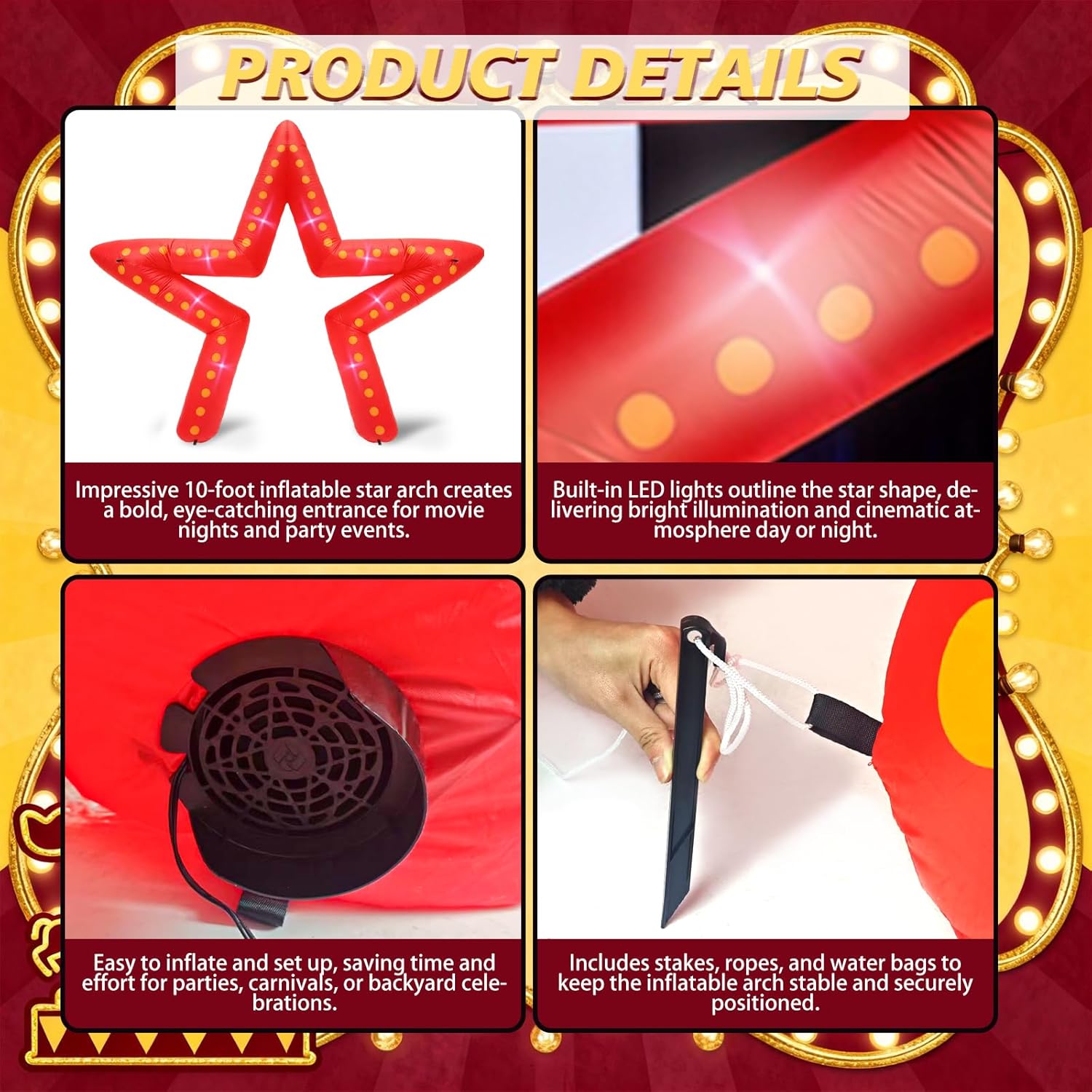 10 FT Movie Night Party Decorations Inflatable Large Blow up Star Sign with LED Light Inflatable Arch Kit for Movie Themed Party Carnivals Outdoor Birthday Decoration or Red Carpet Nightclub