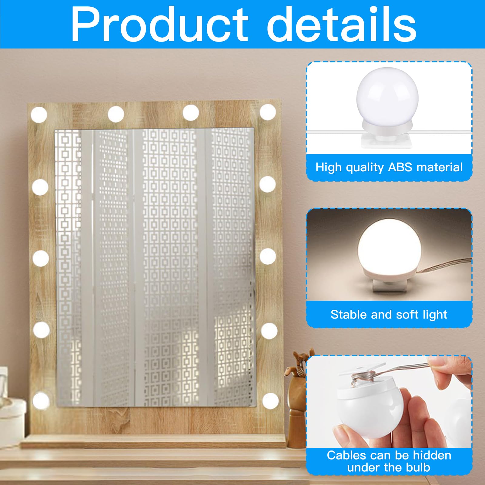 Luz de Maquillaje Led con 12 Bombillas Regulables, 3 Modos de Color, Luces de Vanidad para Tocador
