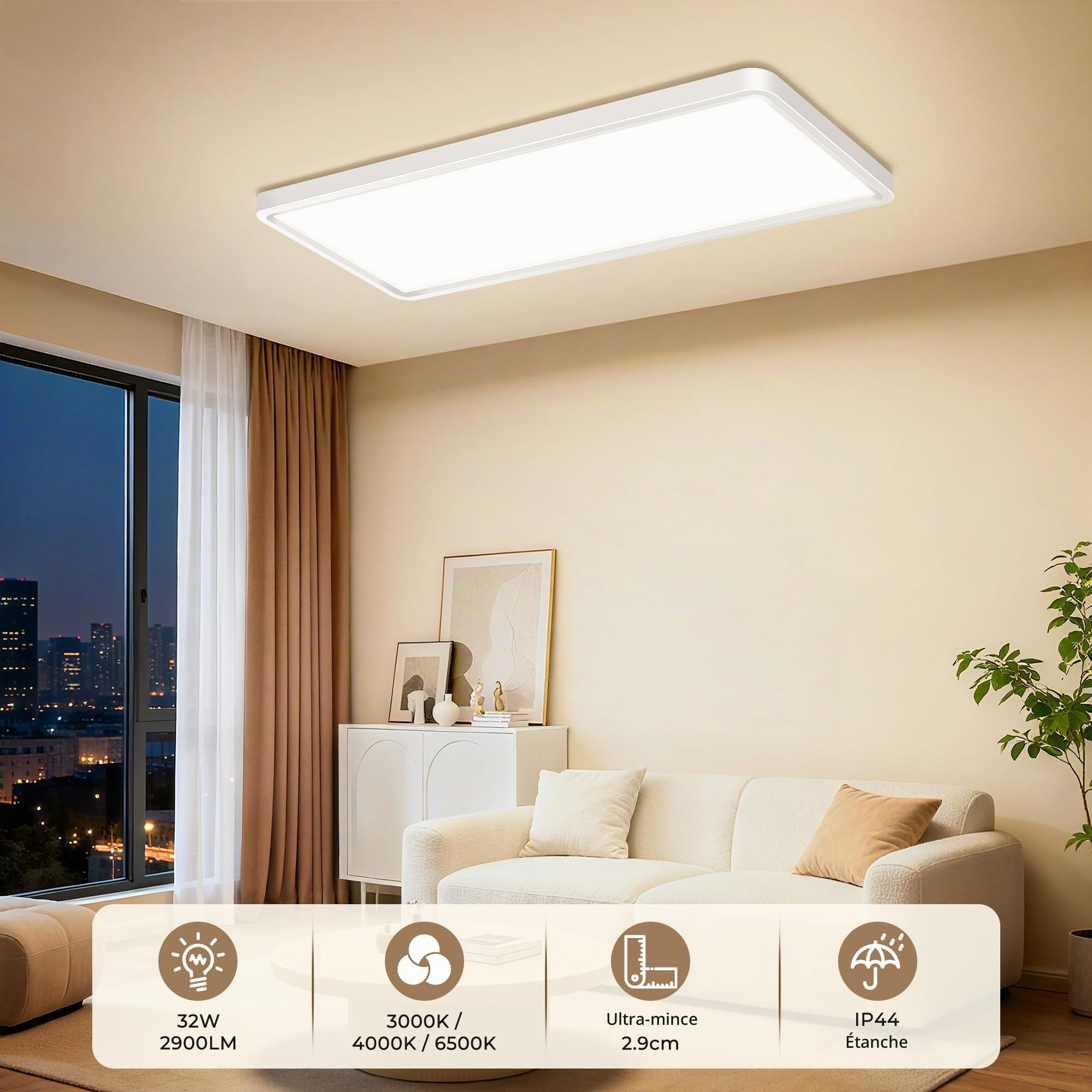 Plafonnier LED Plat, 58x22x2,9 cm Panneau LED 32W 3000LM 3000K/4000K/6500K IP44 Lampe de Cuisine Plafonnie, Lampes Plafonnier Long pour Salon Chambre Cuisine Salle de Bain Couloir, Blanc | 32 W 3000 lm 3000 K/4000 K/6500 K IP44 Plafonnier plat pour salon,