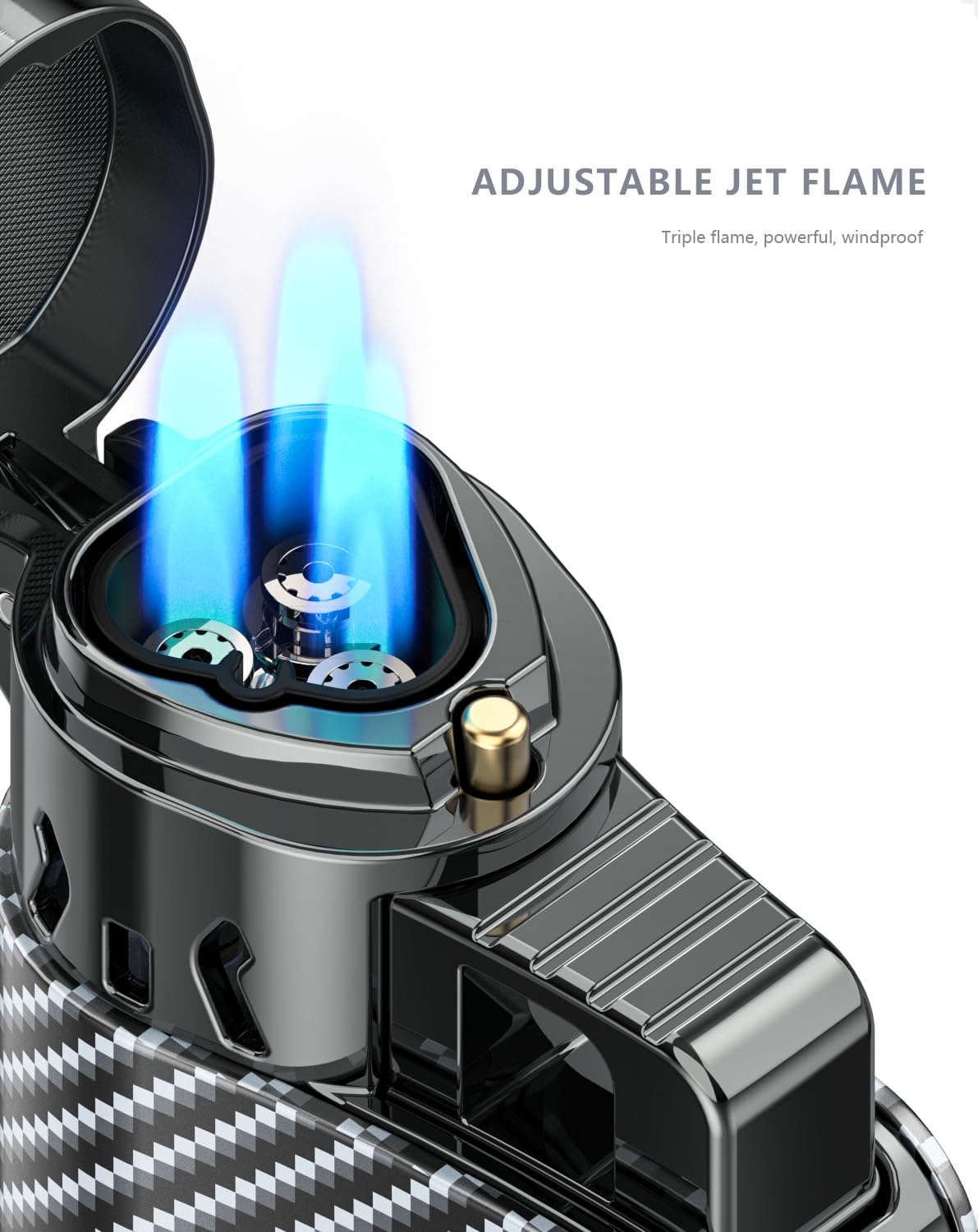 VVAY Briquet Tempête Rechargeable 3 Flammes Jet Turbo – Allumeur Puissant Avec Poinçon Cigare Intégré (Gaz Non Inclus)