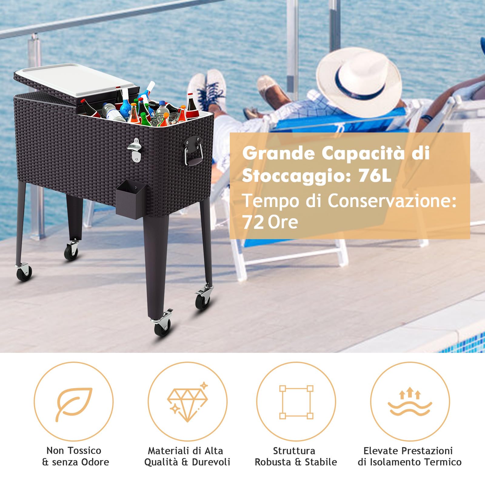 COSTWAY Carrello Portavivande Refrigerante Rattan 76L, Carrello Portaghiaccio con Ruote Bloccabili, Apribottiglie, 83x48x87 cm