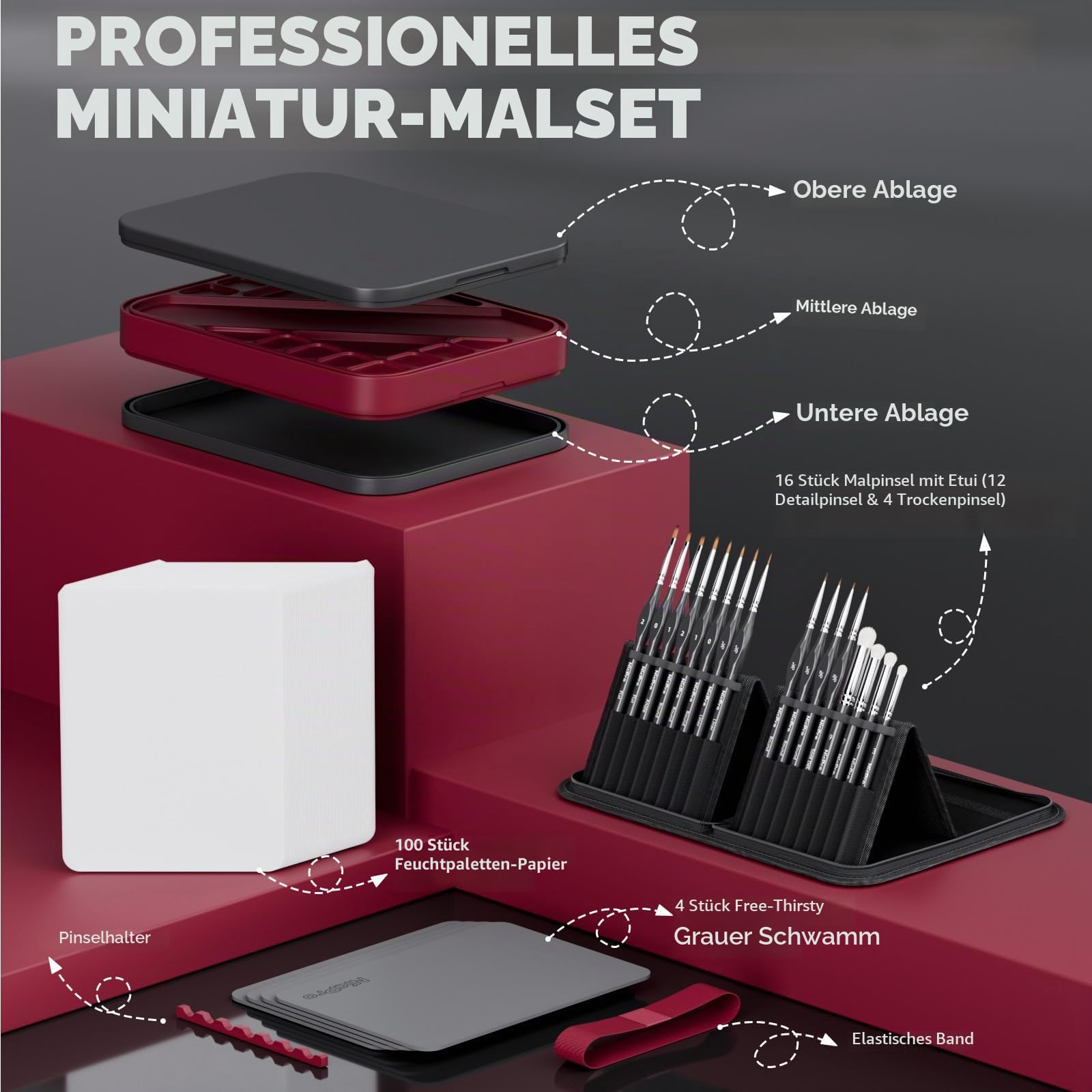 Nicpro Professionelles Miniatur-Malset: Wet Palette, 16 Feine Pinsel, Dry Brush mit Nylontasche, 100 Palettenpapier, 4 Schwämme, Farbmischpalette für Miniaturmodelle | Stay Wet Palette, 16 x Detail-Pinsel, Trockenpinsel mit Nylontasche, 100 x Palettenpapi