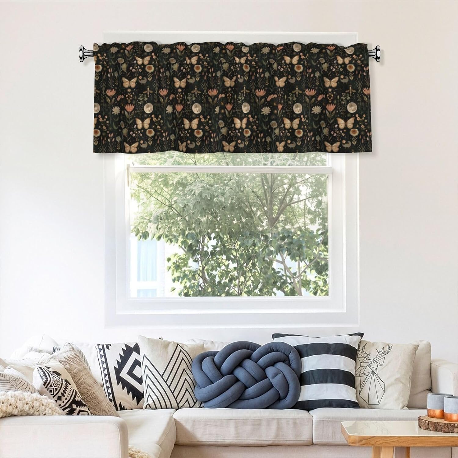 SUPLUCHOM Window Valance Curtain 54x18 Inch Vintage Butterfly Moon Flower Light Filtering Rod Pocket Valance for Kitchen Bathroom Home Decor