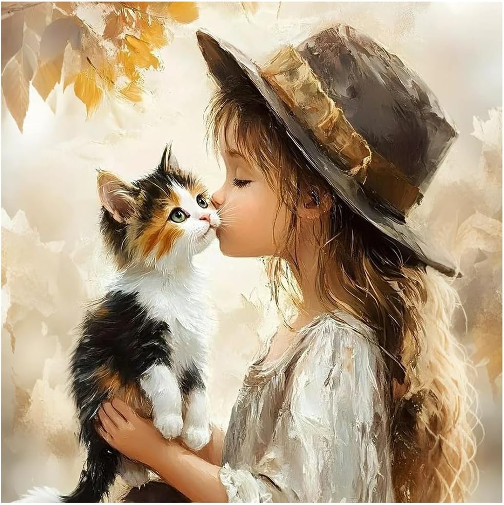 DIADAY Diamond Painting Kits for Adults Cat & Girl, Diamond Art 12x12 Inch