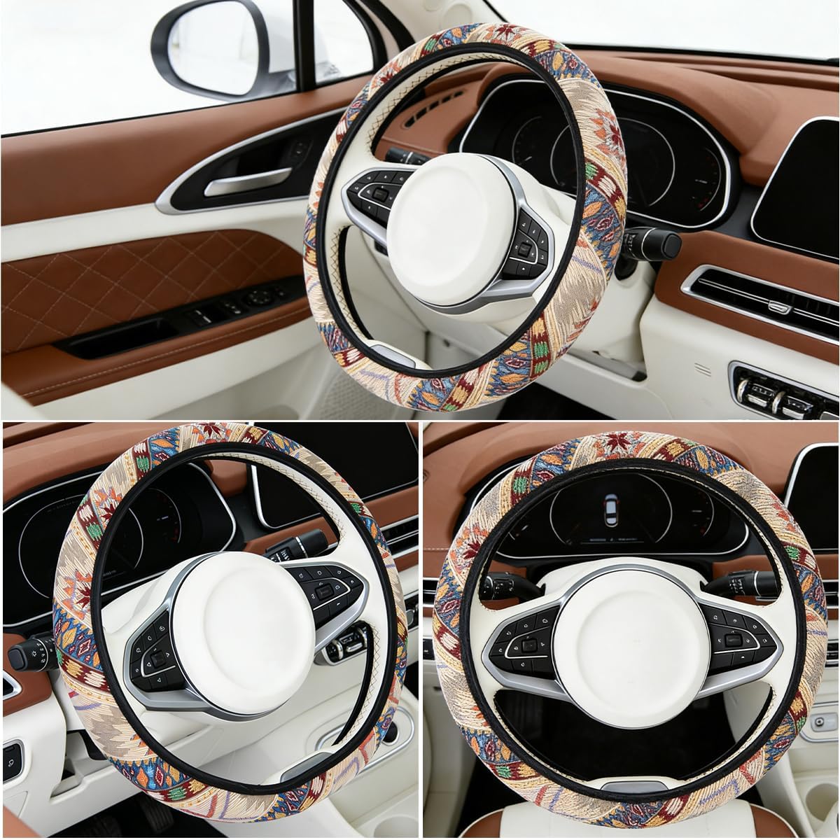 Bohemian Steering Wheel Cover 14"-15" Steering Wheel Accessories Boho Beige | Car Steering Wheel Covers for Women Cloth Ethnic Style Cotton Linen Universal Size Round/D-Type/Double D-Type Steering Wheel