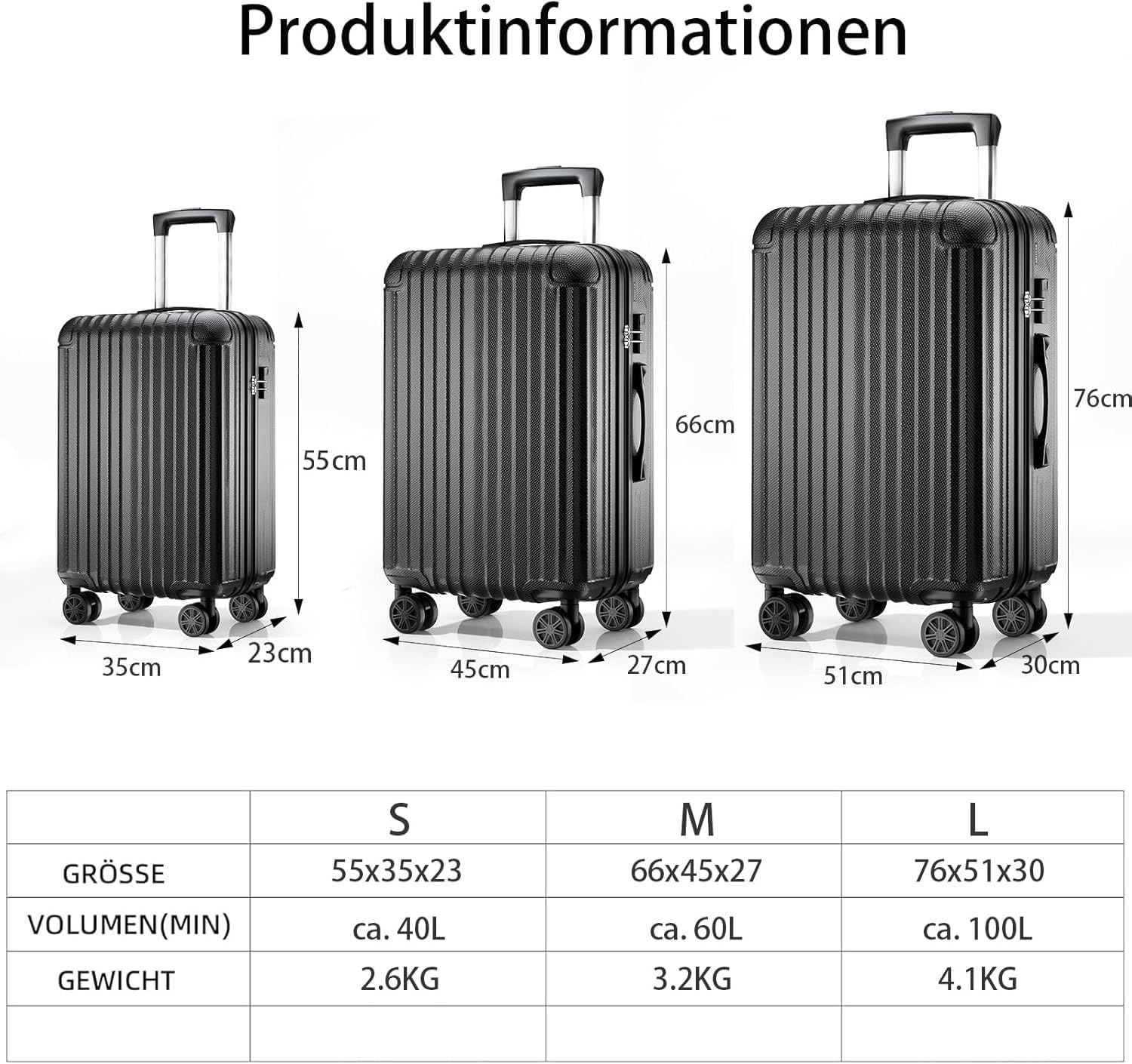 Handgepäck Koffer 55x35x23cm, Hartschalen Reisekoffer klein, leicht Koffer Trolley mit 4 Rollen & Zahlenschloss, Schwarz