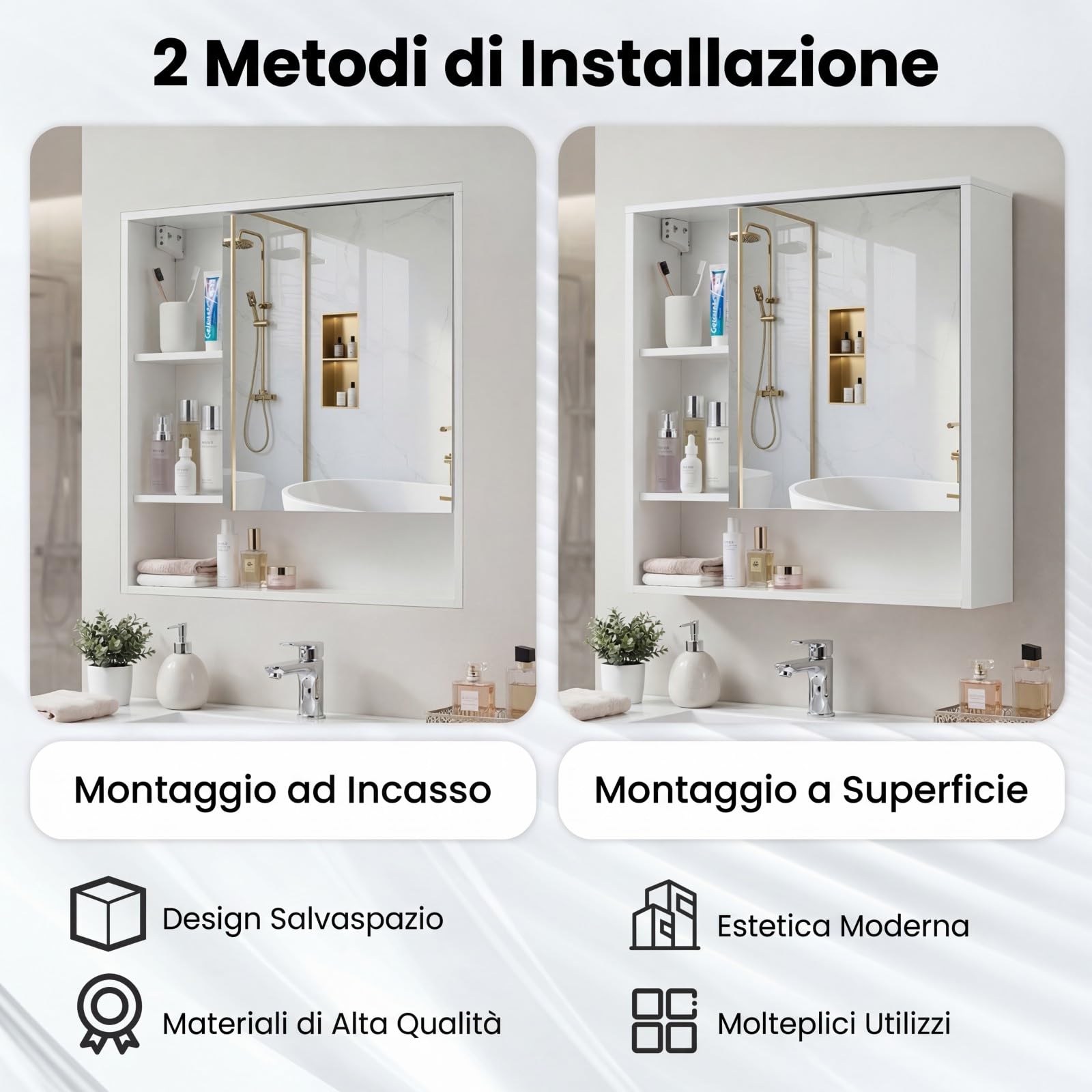 COSTWAY Mobile Bagno con Specchio, Specchio Bagno Contenitore con Porta Singola e 3 Ripiani Aperti, Mobiletto Salvaspazio in Legno per Lavanderia e Ingresso, 56 x 16 x 61 cm (Bianco)
