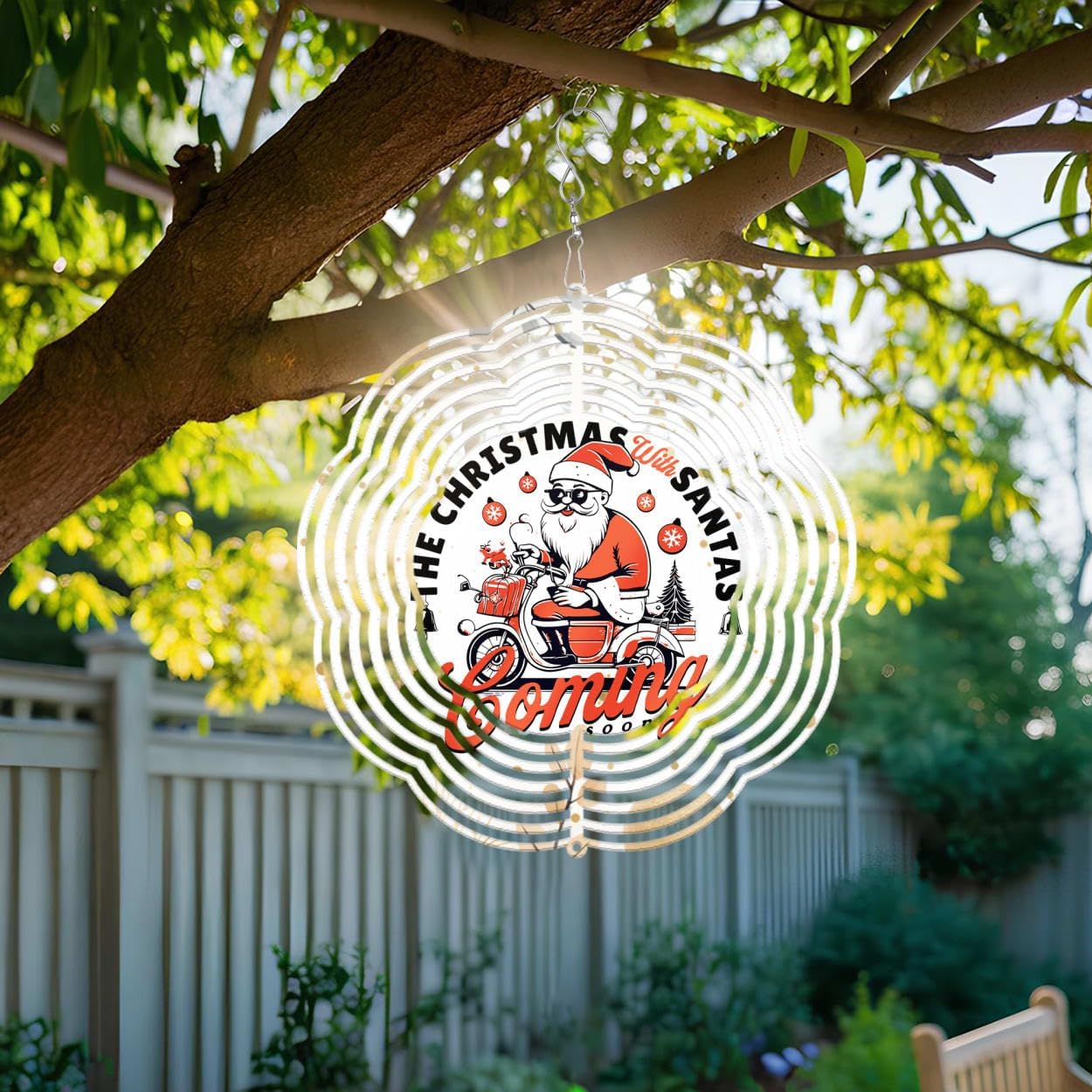 The Christmas with Santas Christmas Wind Spinners 3D Stainless Steel Laser Cut Metal Double Sided Printing-Hanging Indoor/Outdoor Decorations Yard Gardening Decor,Metal Kinetic Art 14x14 inches