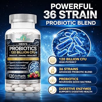 Mens Advanced Probiotics 120 Billion CFU - 36 Strains + Prebiotics, Enzymes & Veggie Blend for Gut, Immune & Colon Health - 2 Month Supply, 120 Softgels
