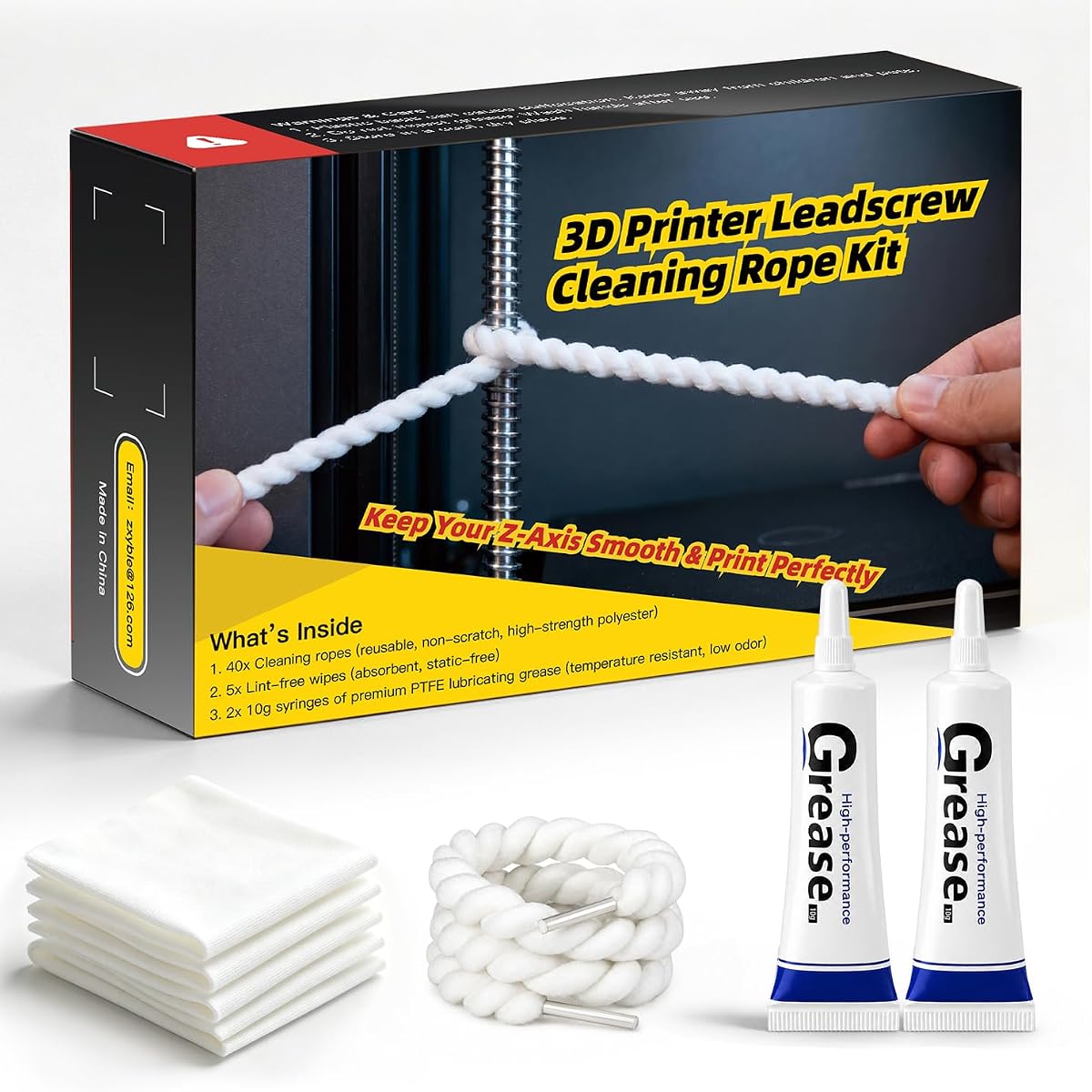 Gear Floss–40 Reusable Ropes, 5 Lint-Free Cloths, 2 PTFE Grease Syringes | 3D Printer Leadscrew Cleaning Rope Kit, Quick-Clean Z-Axis, Bike Chain Cleaner, Pulley Cleaner, Hard-to-Reach Cleaning Tool
