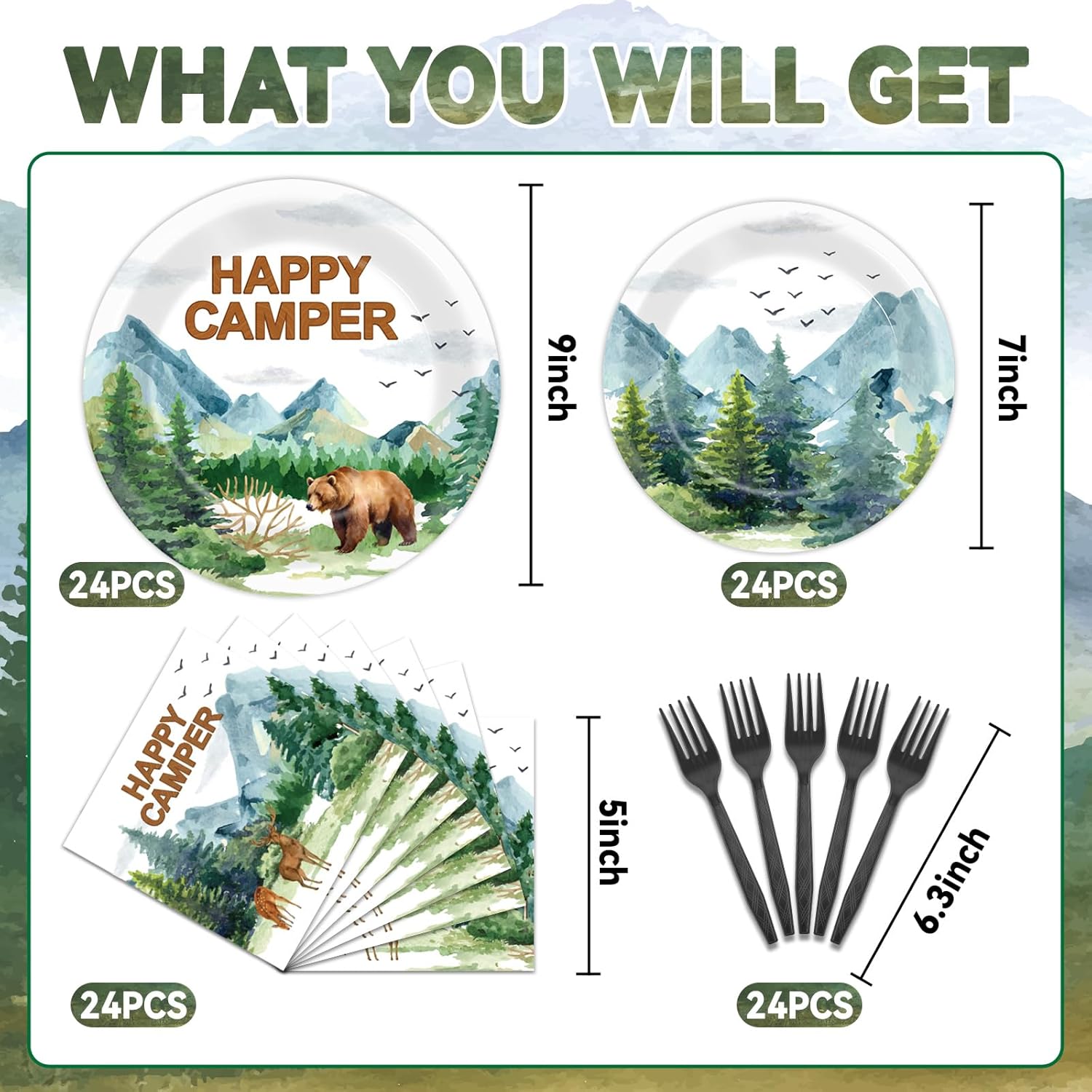 Camping Party Plates Napkin Happy Camper Dinnerware Camping Adventure Themed Birthday Party Tableware Set Disposable Fork Supplies for Boys Girls Tournament Birthday Decorations Serve 24