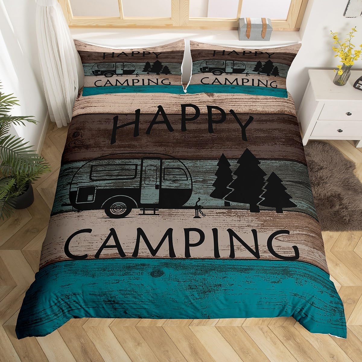 Camper Theme Bedding Set,Happy Camping Duvet Cover for Kids Teens,Mountains and Trees Comforter Cover Decorative Room,Rustic Farmhouse Style Quilt Cover with 2 Pillowcases,King Size(No Comforter)