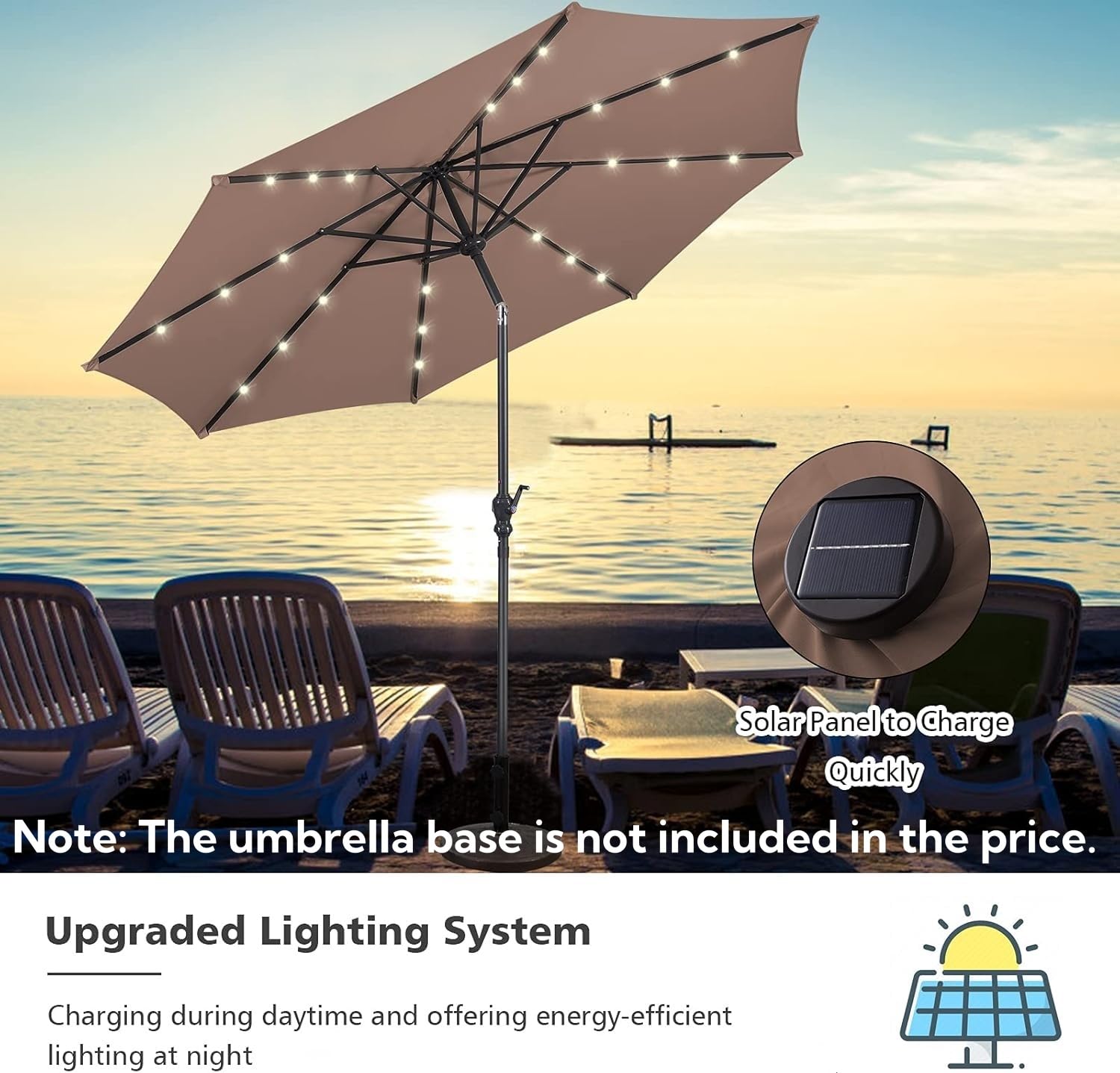 GIANTEX Parasol de Jardin Extérieur 3M, Parasol Inclinable avec 24 Éclairage Solaire LED, 8 Baleines en Métal, Protection UV, pour Terrasse, Jardin, Balcon (Café)