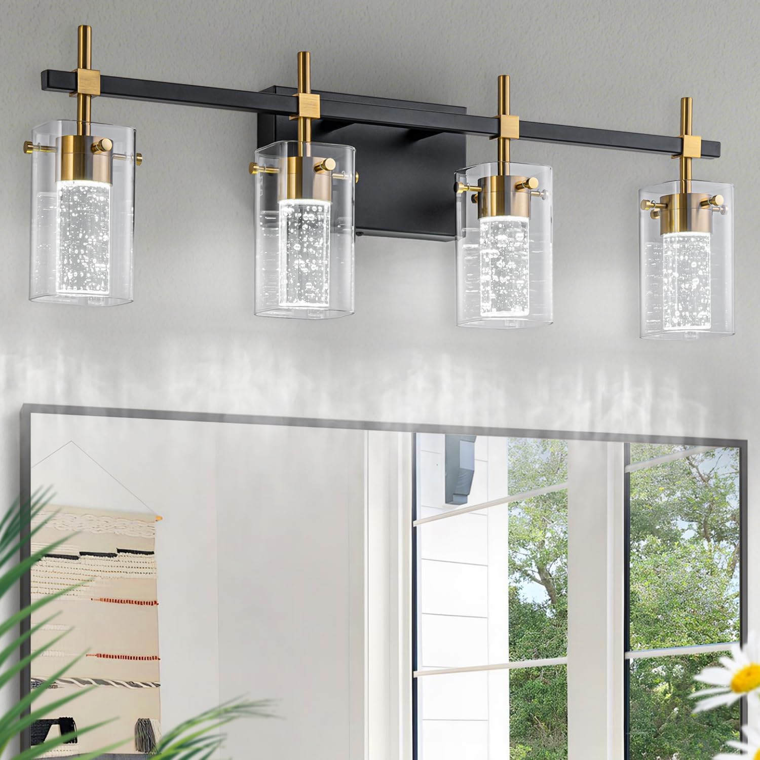 Dimmable 4-Light Black & Gold Vanity Light | 3 Color Temps (3000K/4000K/6000K) | Modern LED Bathroom Mirror Fixture w/ Clear Glass Shade
