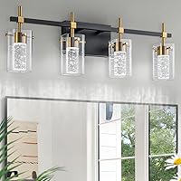 Dimmable 4-Light Black & Gold Vanity Light | 3 Color Temps (3000K/4000K/6000K) | Modern LED Bathroom Mirror Fixture w/ Clear Glass Shade