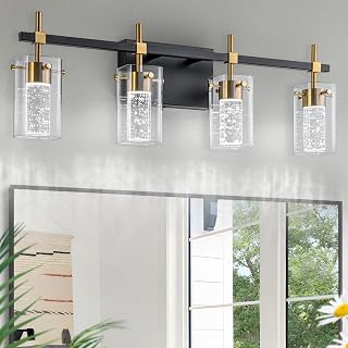 Dimmable 4-Light Black & Gold Vanity Light | 3 Color Temps (3000K/4000K/6000K) | Modern LED Bathroom Mirror Fixture w/ Clear Glass Shade