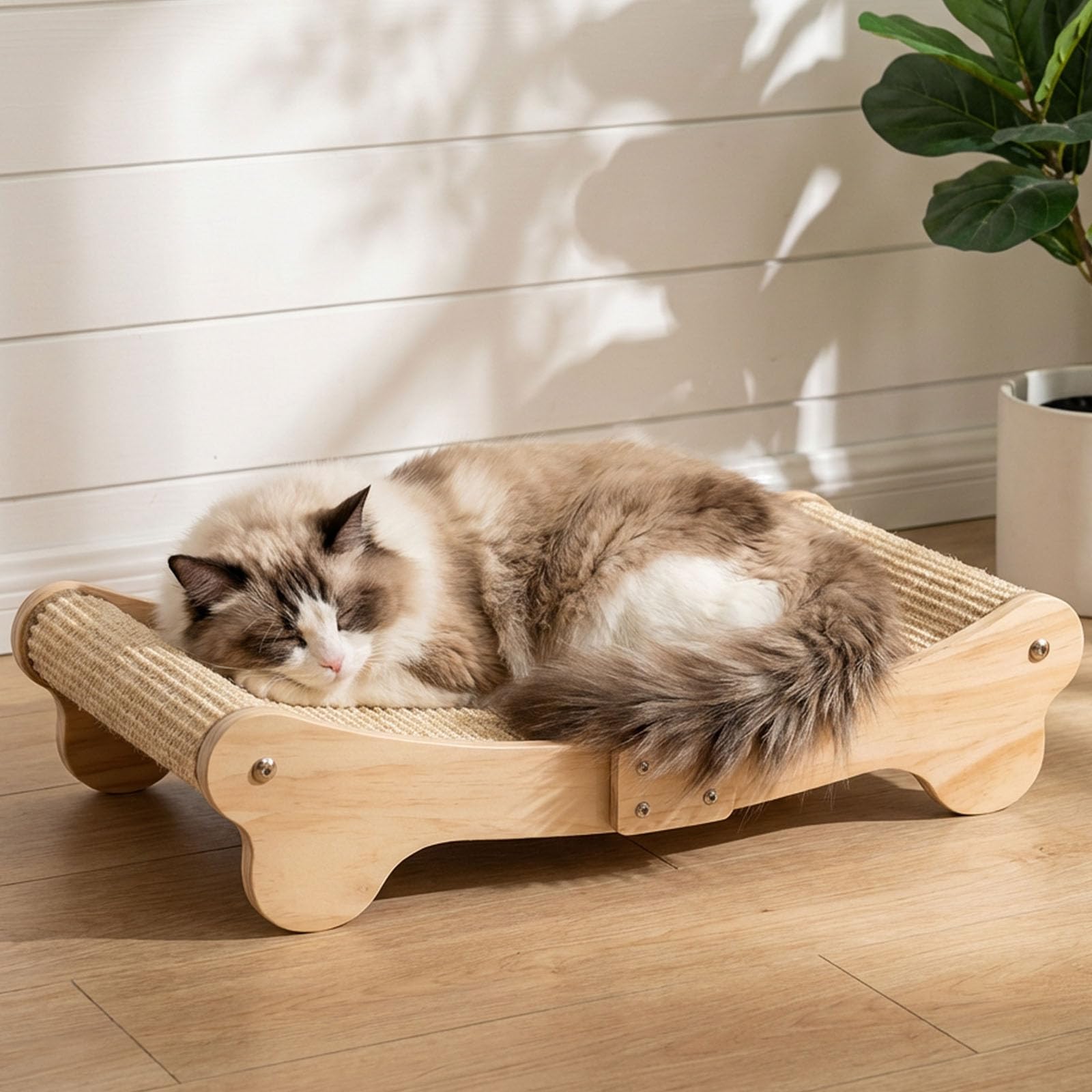 Sisal Cat Scratcher Bed, Solid Wood Cat Lounge Furniture for Indoor Cats XL