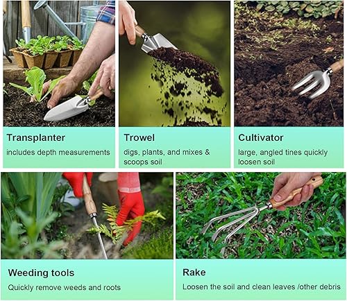 Miniatura 4 de Juego de herramientas de jardín, 5 piezas de herramientas de mano de jardinería resistentes, herramientas de acero inoxidable con mango de madera,