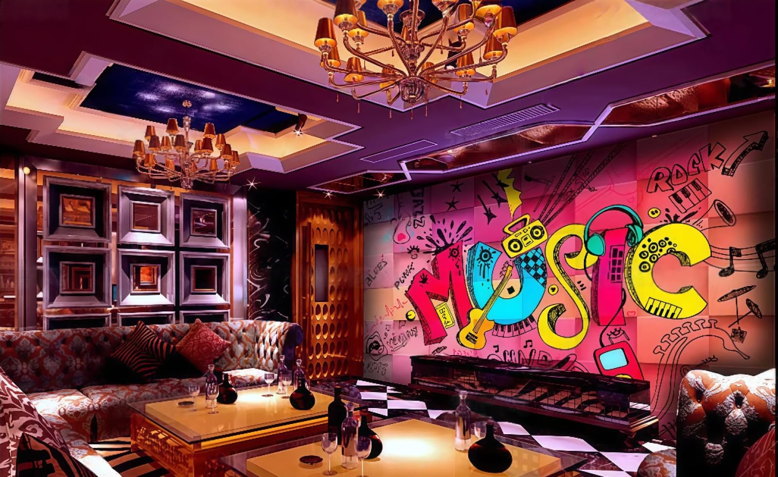 Tapeta, świeży różowy kwadratowy napis graffiti, motyw muzyczny, bar, zachodnia restauracja, tło, fototapeta do kawiarni, popołudniowa herbata, 3D, 200 x 140 cm