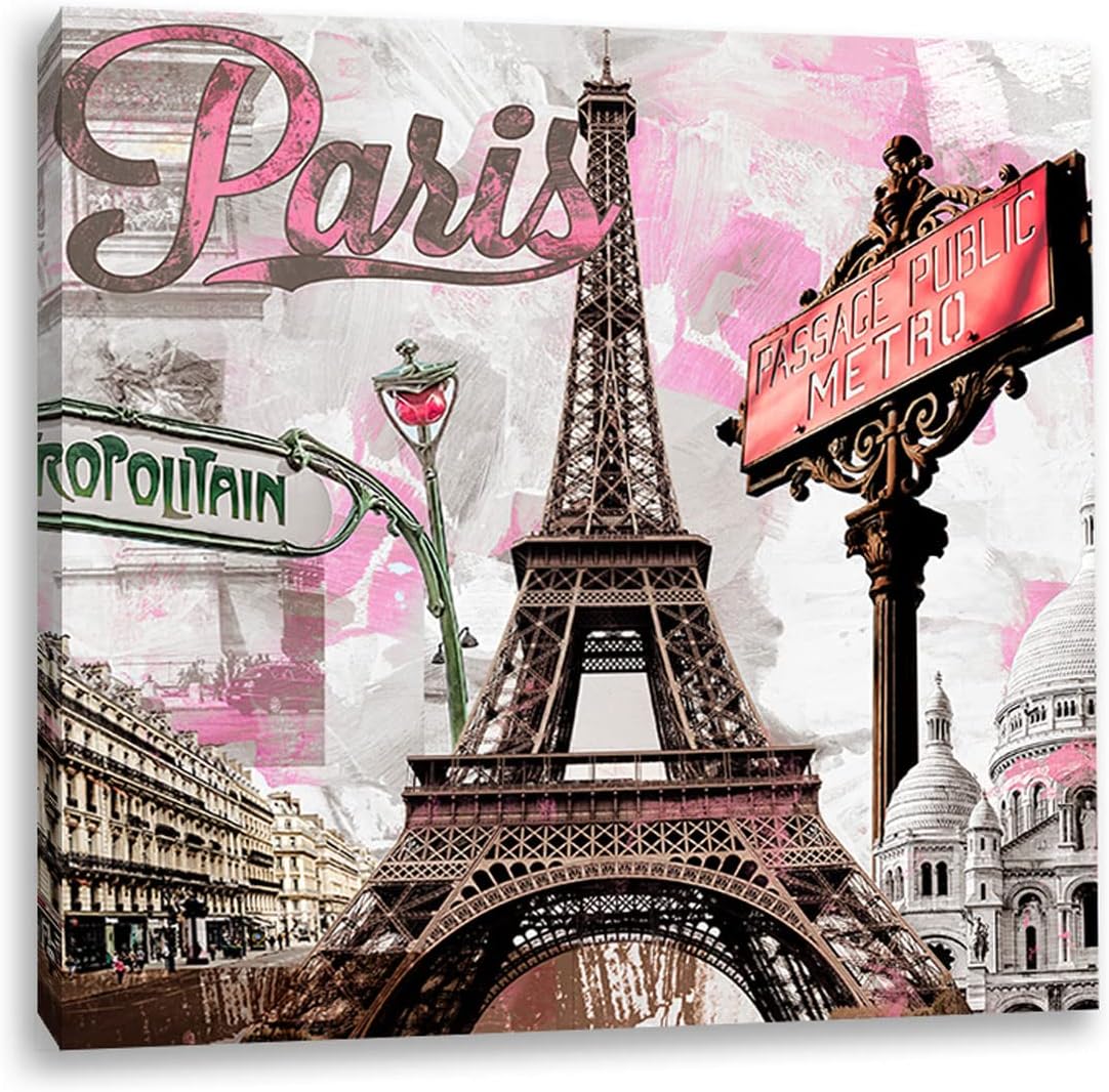 Decor MI Canvas Wall Art Painting Romantic Pink Paris Eiffel Tower Square Wall Art 12x12 Inch Printed Canvas Wall Paris Theme Decors for Girls Bedroom Kids Living Room Bathroom Kitchen