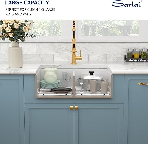 Miniatura 9 de Sarlai - Fregadero de cocina blanco de 33 pulgadas con cuenco doble, delantal frontal de cocina de 33 pulgadas, cuenco doble 5050 de porcelana