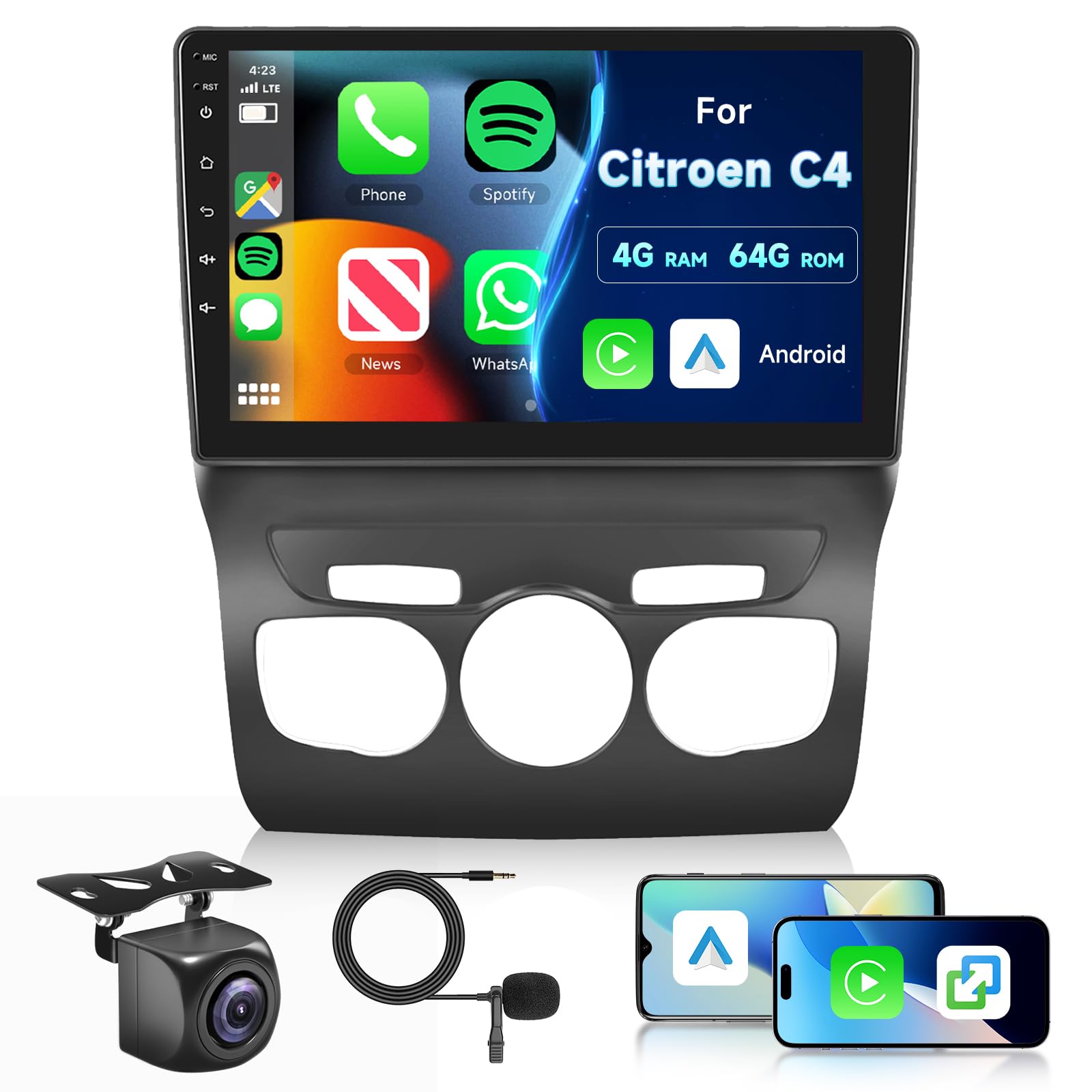 8 Core 4GB+64GB Android Autoradio per Citroen C4 B7 C4L DS4 2013-2017, Hodozzy 10 Pollici Touch Screen GPS Stereo con Carplay Wireless Android Auto, 2 Din Radio Bluetooth DSP WiFi FM RDS Telecamera