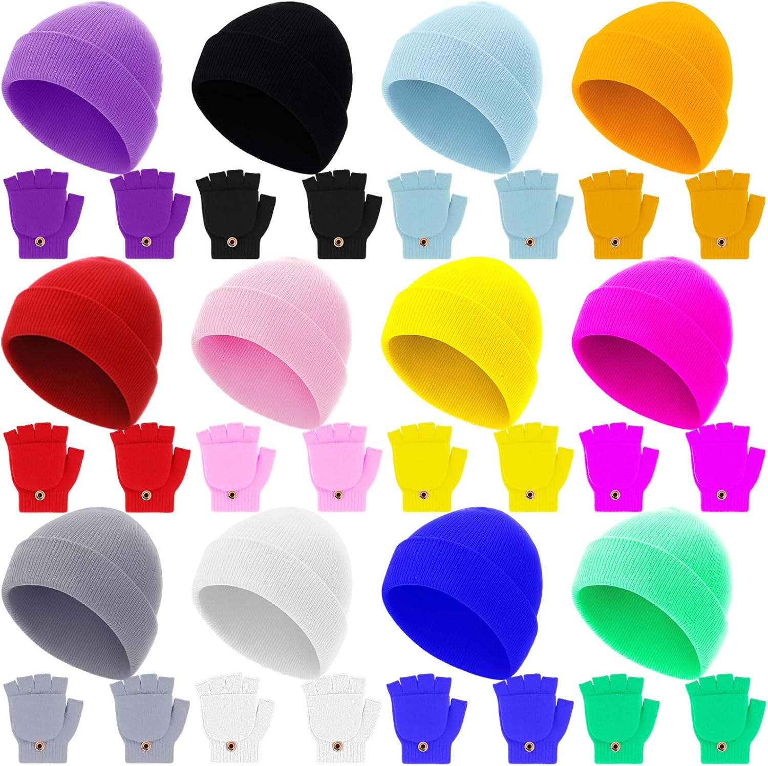 JenPen 12 Sets Kids Winter Beanies and Gloves Children Warm Winter Hats Stretchy Knitted Gloves for Boys Girls