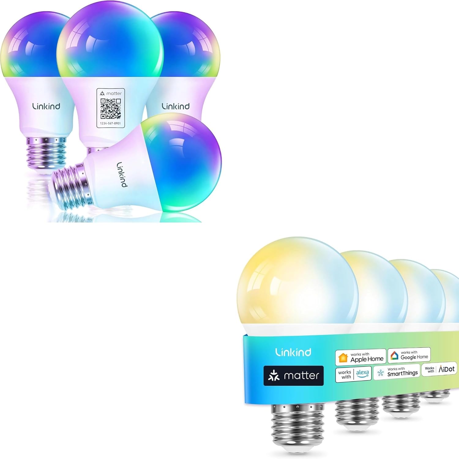 Matter Color Changing Smart Light Bulbs 4 Pack Bundle with Matter Tunable White Smart Light Bulbs 4 Pack, Work with Apple Home, Alexa, Google Home