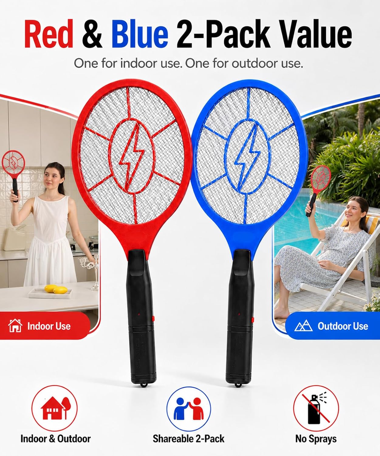 Electric Fly Swatter 2 Pack, Battery Powered Bug Zapper Racket