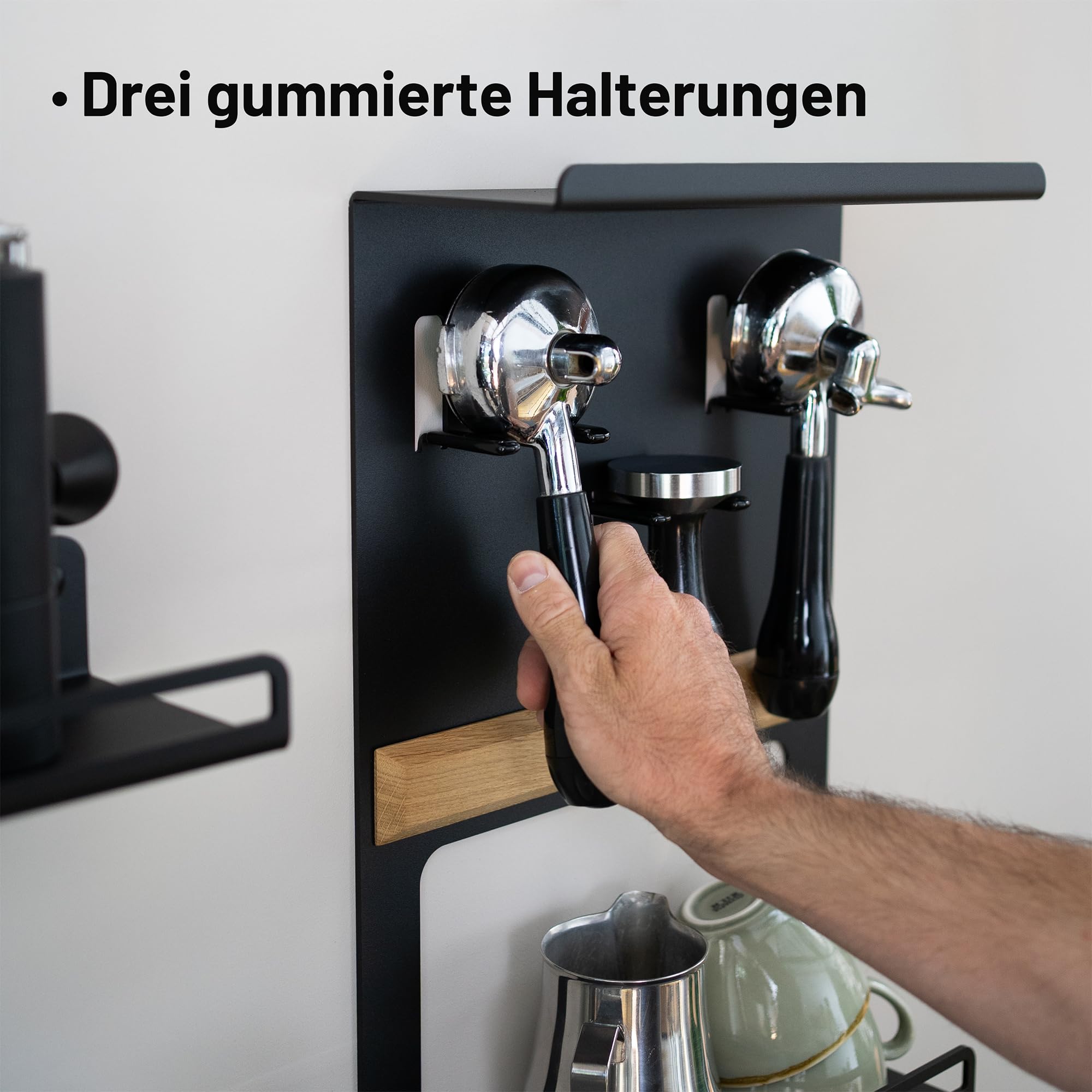 FLATE Barista Regal für Siebträger, Tamper und Barista Zubehör in schwarz (Wandhalterung für Kaffeezubehör)