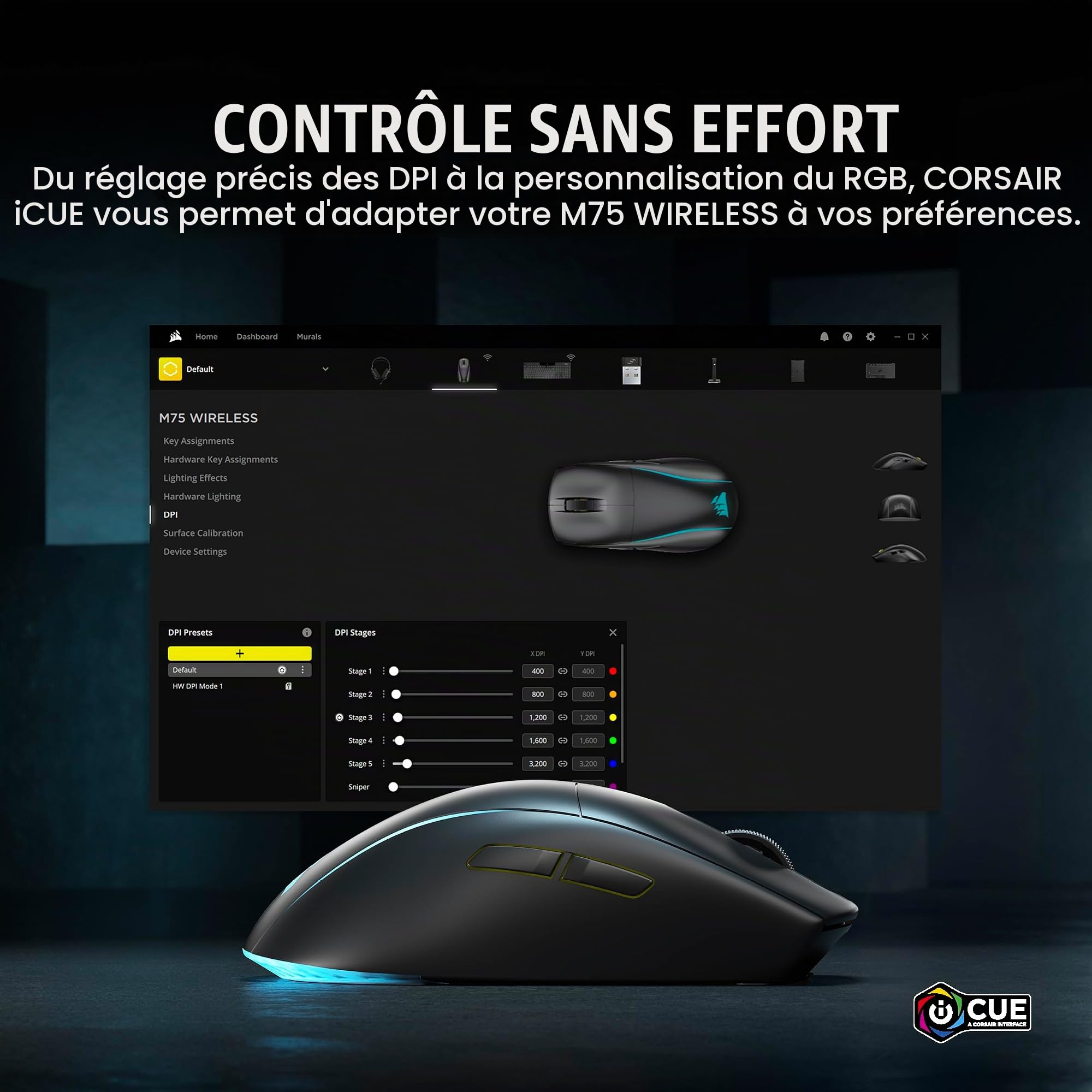 Corsair M75 Souris de Jeu sans Fil RVB légère FPS - 26 000 DPI - Boutons latéraux interchangeables - Compatible iCUE - PC - Noir