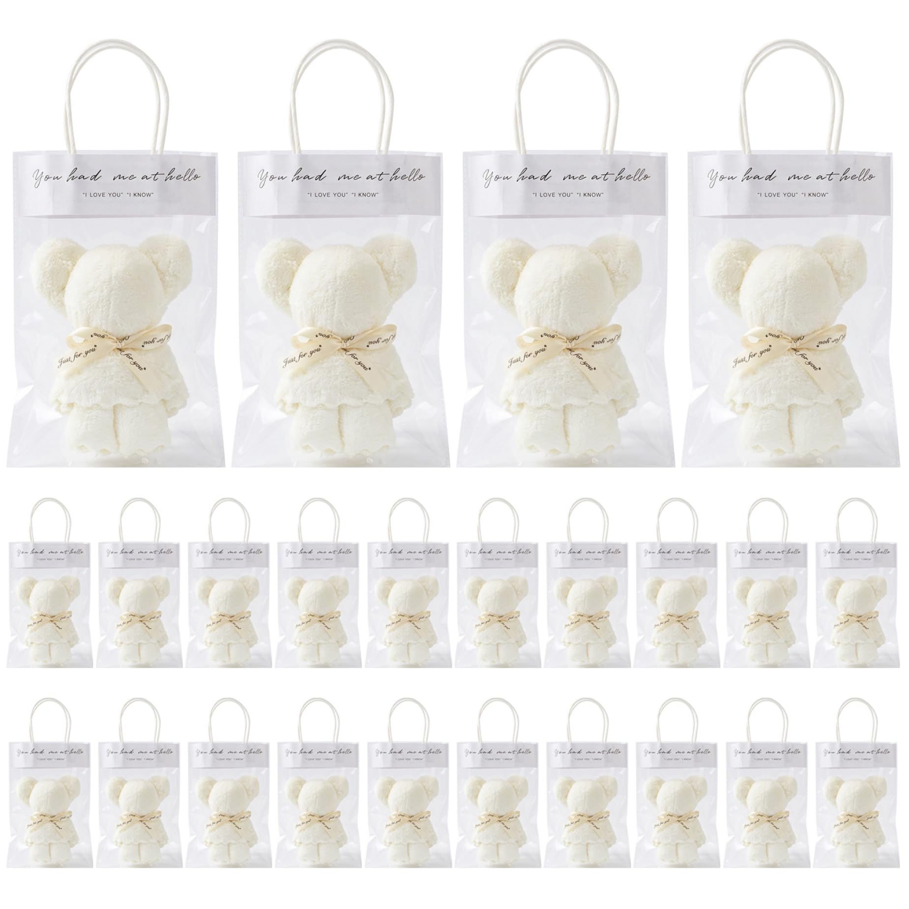Serviette velours corail : lot de 24 oursons blancs pour cadeaux de mariage