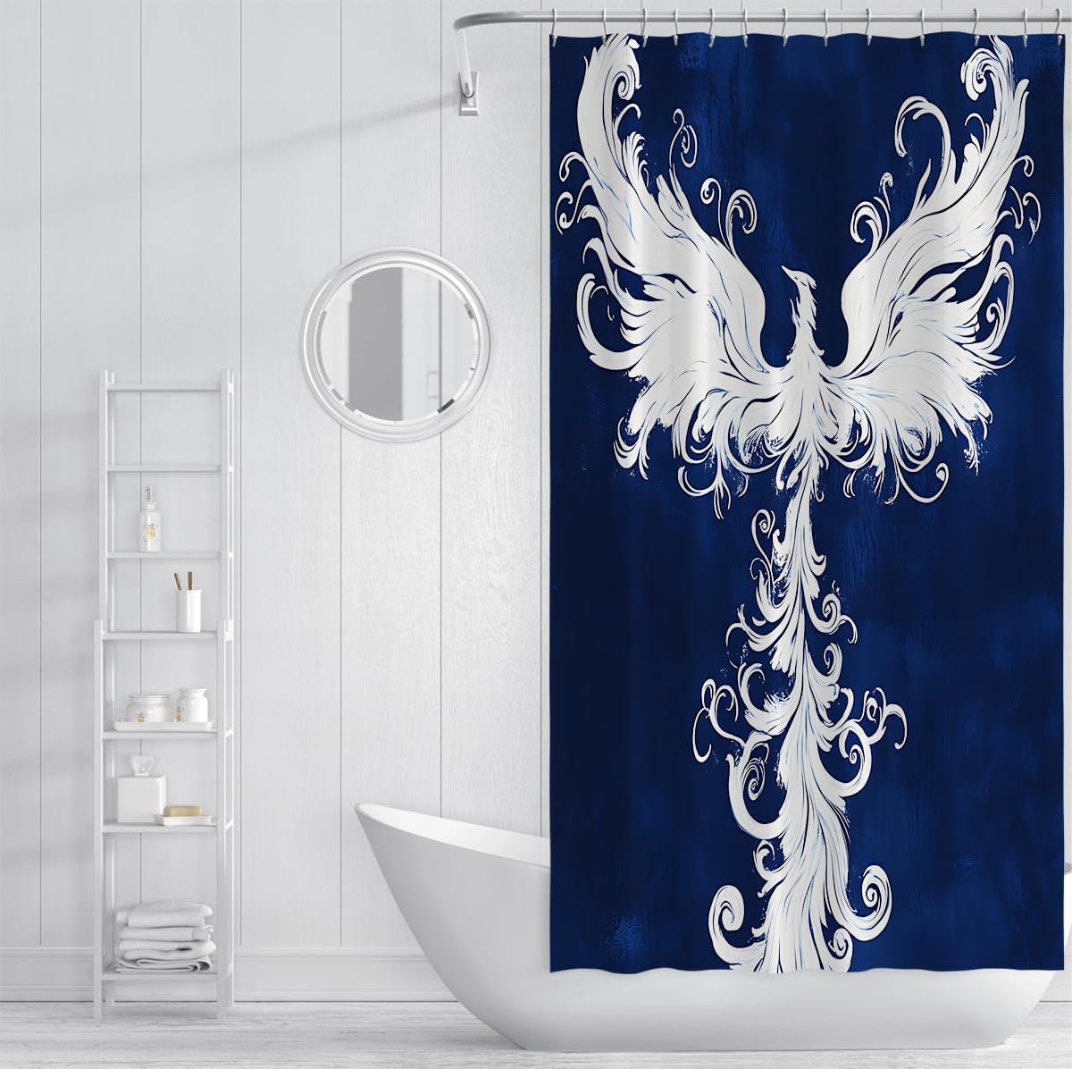 Emblème de l’Oiseau phénix Rideau de Douche Bleu foncé Totem Tribal Blanc décor de Salle de Bain Mythologie Abstraite Créature Rideaux de Baignoire imperméables W120xL200 cm
