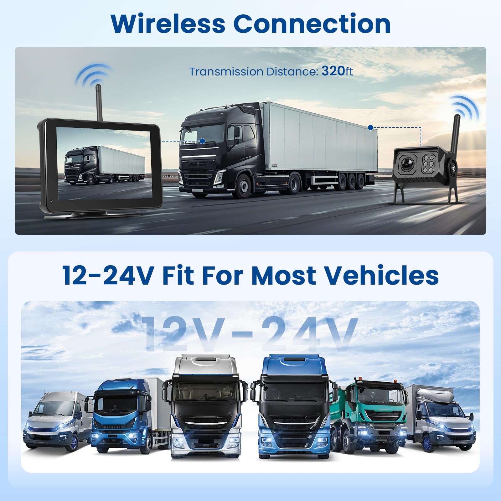 Hikity Kamera cofania bezprzewodowa 7" IPS Touchsreen zestaw kampera z noktowizorem z noktowizorem IP68 + nagrywanie w pętli + BSD+ linia cofania do samochodów ciężarowych, przyczep, autobusów