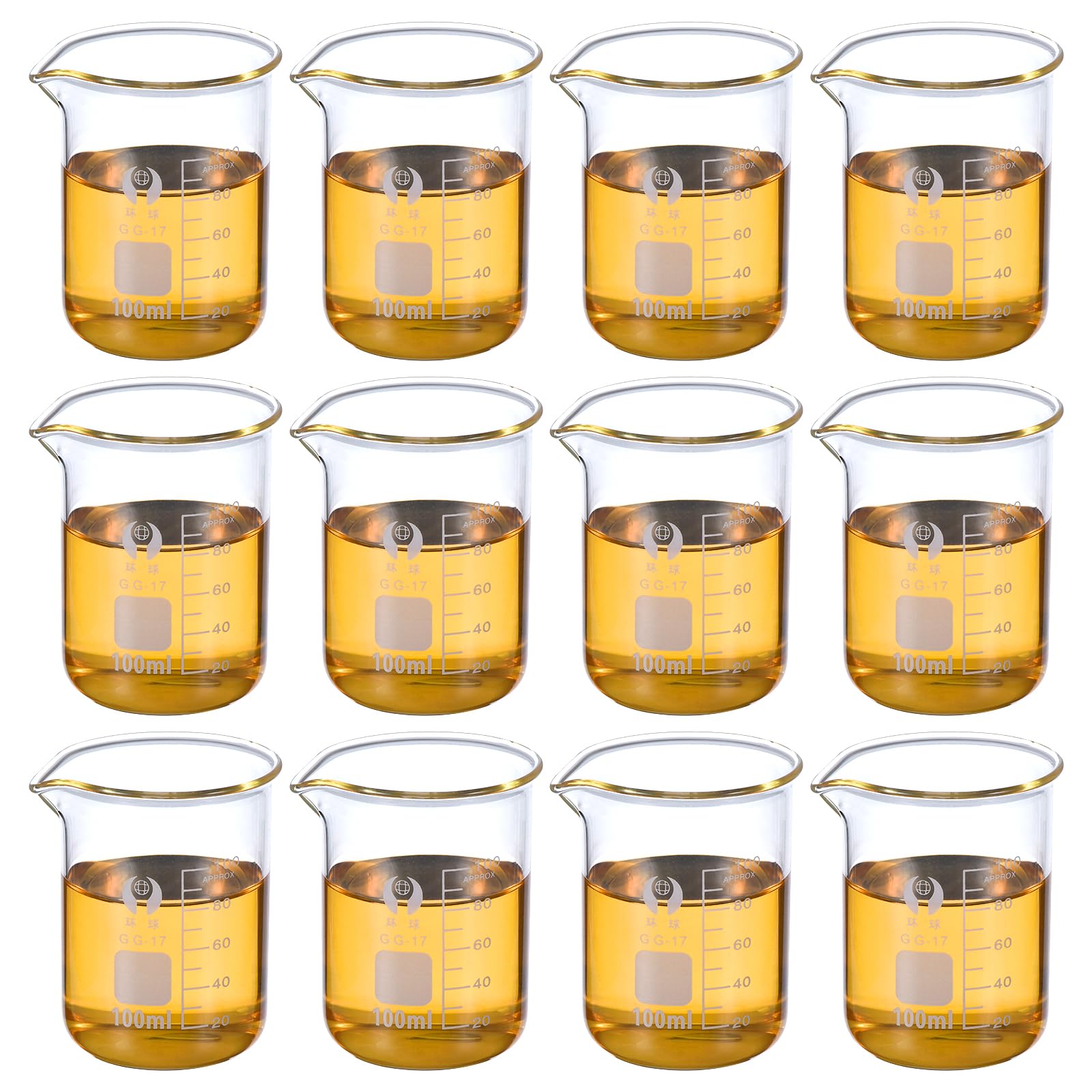 100ml Low Form Glass Beaker, 12 Pack 3.3 Borosilicate Glass Graduated Printed Scale Measuring Cups with Spout for Kitchen Lab Liquids
