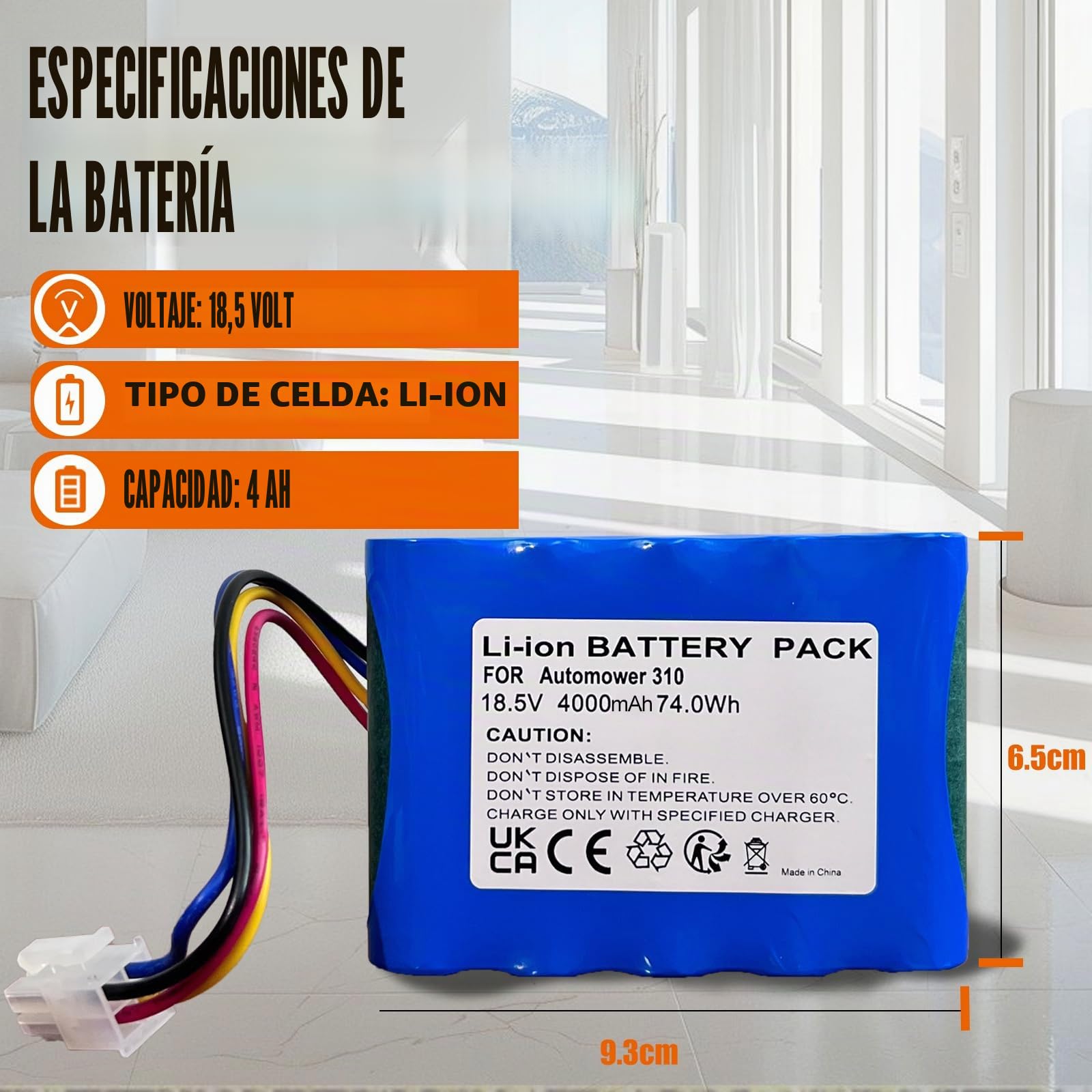 Batería de 18,5V 4,0Ah para Gardena Sileno R100Li, R130Li, R160Li, Compatible con Husqvarna Automower (2015-2018) 310, 315, 584 85 28-02, Repuesto de batería para Robot cortacésped 5848228-01, etc