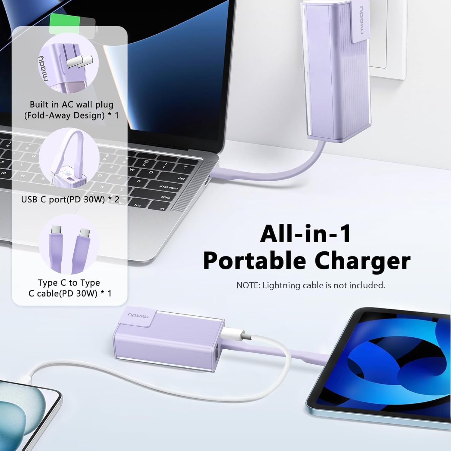 Diagram of Miady Portable Charger showing built-in wall plug, USB-C ports, and integrated Type-C cable