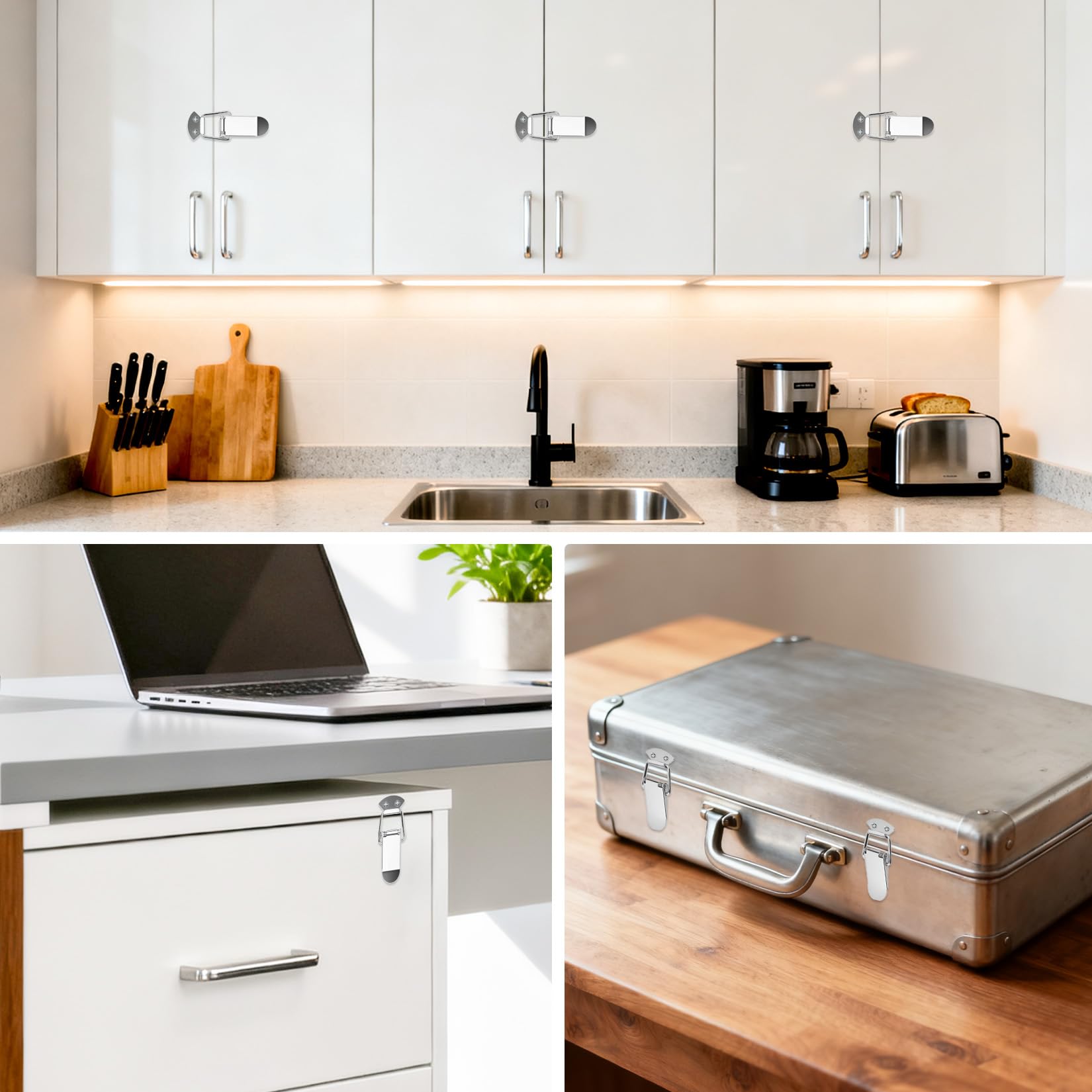 Chiusura a leva a sei pezzi, chiusura a molla in acciaio inox, chiusura a gancio per cassetta degli attrezzi, adatta per porte, finestre e armadi, chiusura a leva a molla, argento.