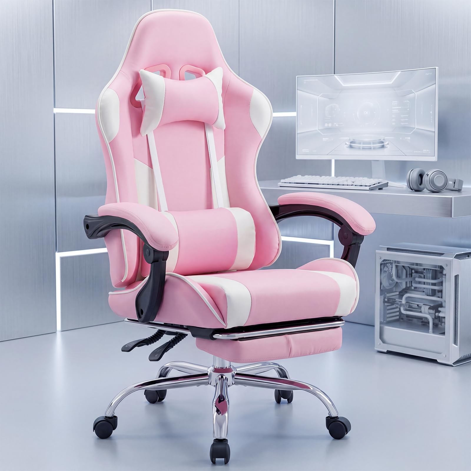 Video Game Desk Chair, Ergonomic High Back PU Leather Computer Gaming Chair with Headrest &amp; Linkage Armrest, Height Adjustable with 360° Swivel, for Adults, Pink