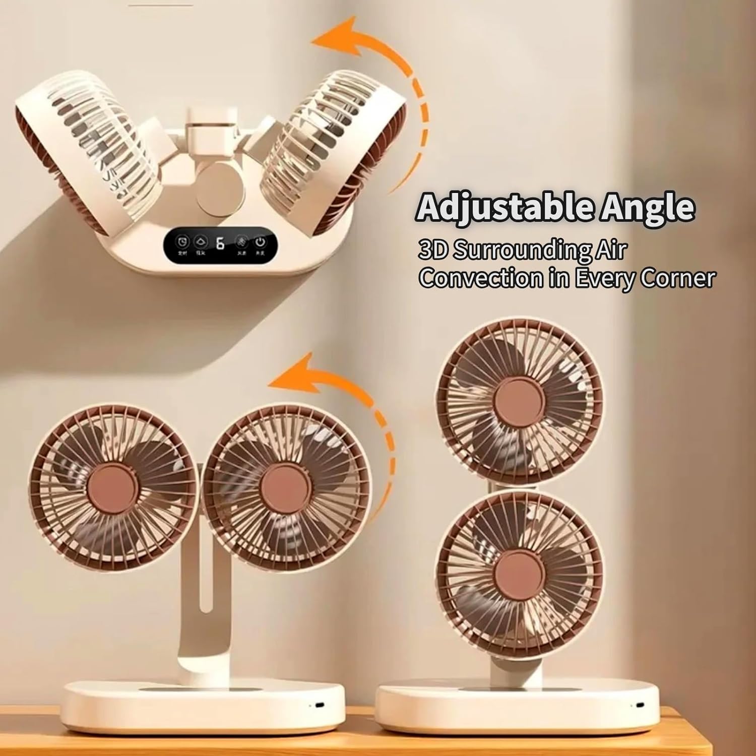 Double Head Oscillating Desk Fan, Quiet Table Fan USB Rechargeable with 6-Speed & 9-Hour Timer, 360° Rotation Wall Mountable for Table, Bedroom, Office, Outdoor (Beige)