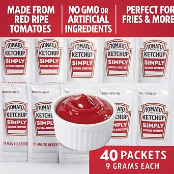 Tomato Ketchup Packets 40 Count (9g Each) | Made from Red Ripe Tomatoes | No GMO, Gluten-Free, No Artificial Ingredients | Perfect for Fries, Burgers, Hot Dogs, Lunch Boxes & Takeout