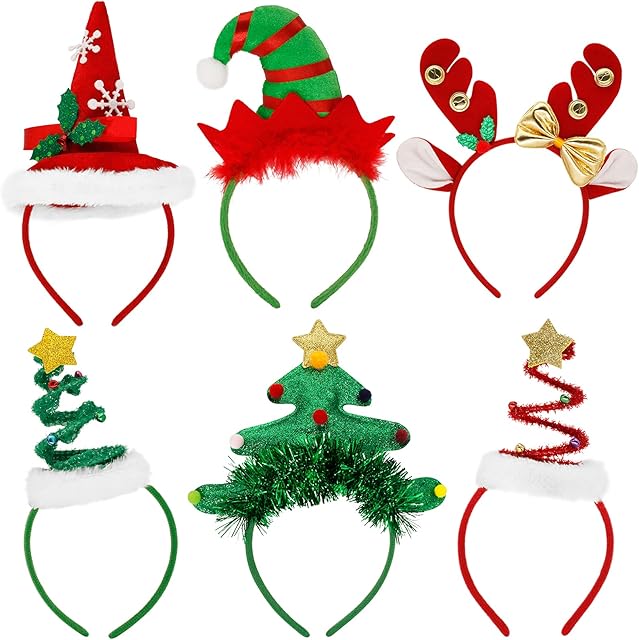 Yiezio Christmas Headbands 6Pcs, Flexibility to Fit, Christmas Tree Headband with Bells, Reindeer Antler Xmas Tree Head Hat Toppers, Xmas Fancy Costume Headband Hats for Christmas & Holiday Supplies