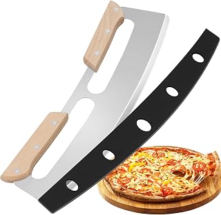Gicyiit 14 Inch Pizza Rocker Cutter with Oak Wood Handles, Sharp Stainless Steel Blade & Protective Cover