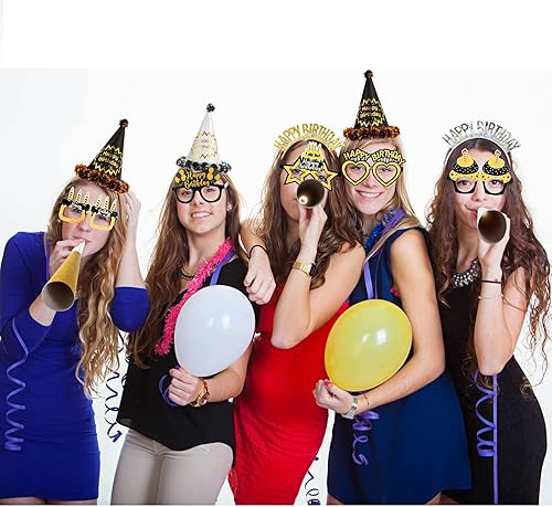 Miniatura 5 de Sratte Juego de 36 piezas de recuerdos de fiesta de cumpleaños de estilo negro y dorado, sombrero de feliz cumpleaños, diadema, gafas, hacedores de