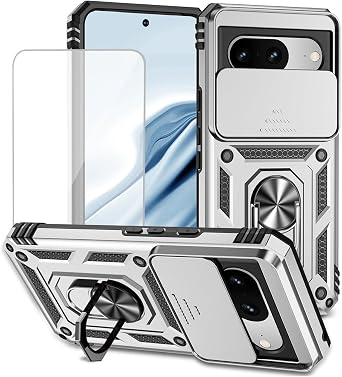 for Pixel 8 Case, Google 8 Case with Tempered Glass Screen Protector and Slide Camera Cover, Magnetic Ring Car Mount Holder Kickstand Protective Cases Cover for Google Pixel 8 Silver