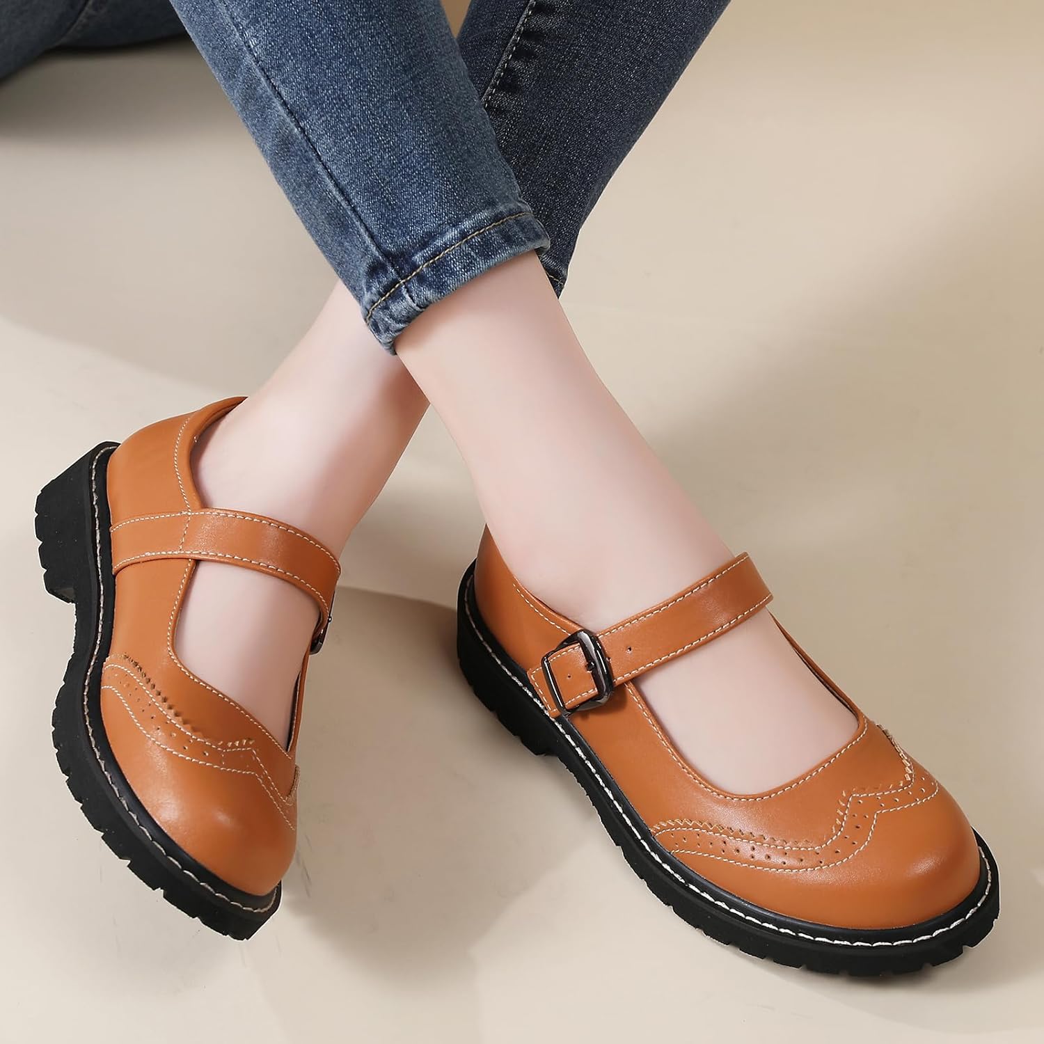 Mary Jane Shoes Women Platform Non-Slip Classics Round Toe Ankle Strap Brogue Style Comfort Casual Oxford Dress Work Mary Jane Flat Shoes - Image 2
