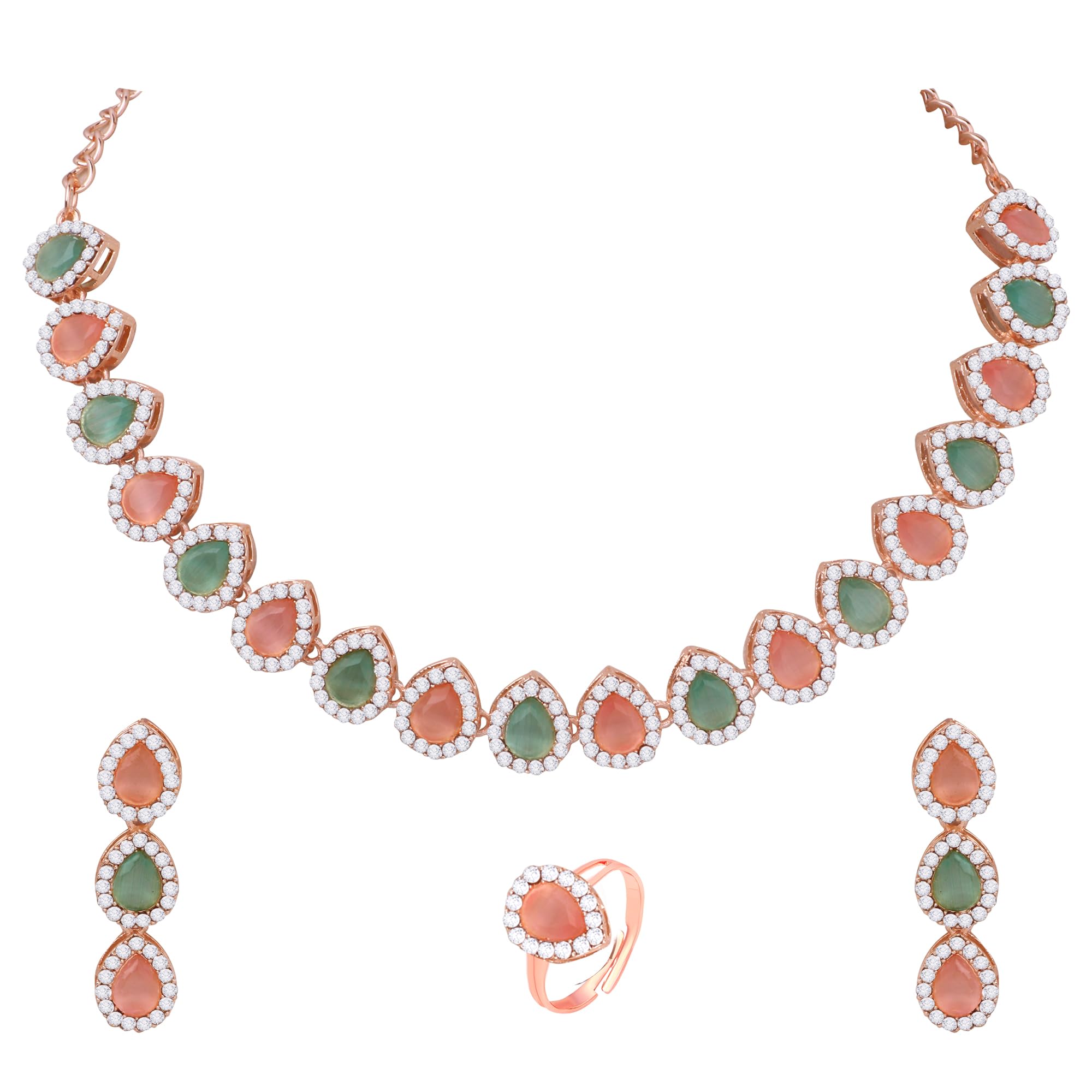 Atasi International Rose Gold Plated Pink & Green AD Necklace Jewellery Set for Women & Girls with Earrings & Ring - for Weddings, Parties, and Festivals (RGP5768) (B0C5N49J1S) Amazon Price History, Amazon Price Tracker