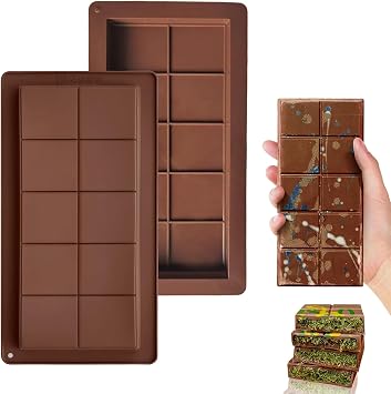 2pcs Deep Chocolate Bar Moulds, Silicone Thick Chocolate Mould, 20 Cavity Reusable Big Candy Moulds, Food Grade, DIY Making Set, Easy to Release, Dishwasher Safe Brown