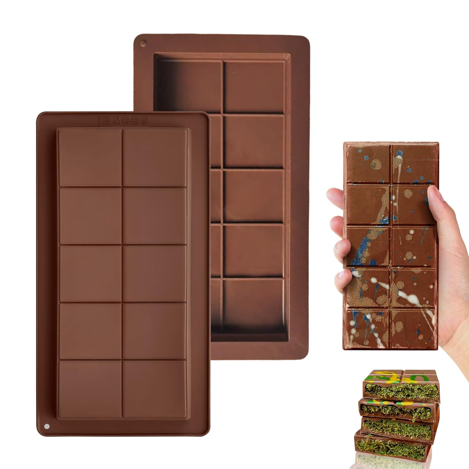 Aurobest 2pcs Deep Chocolate Bar Moulds, Silicone Thick Chocolate Mould, 20 Cavity Reusable Big Candy Moulds, Food Grade, DIY Making Set, Easy to Release, Dishwasher Safe (Brown)